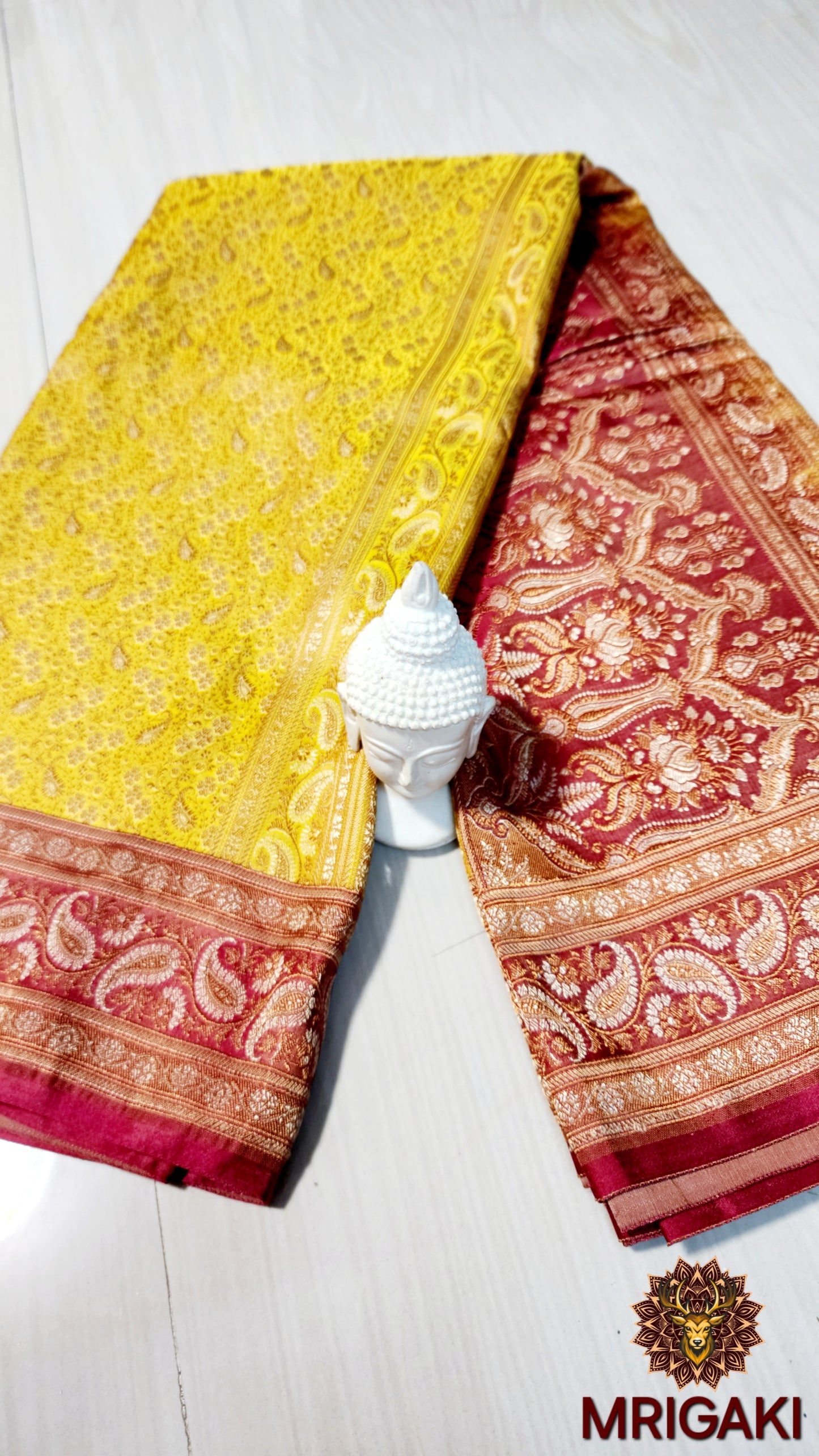 Pure Silk Jamewaar Saree in Bright Yellow Maroon Contrast colors