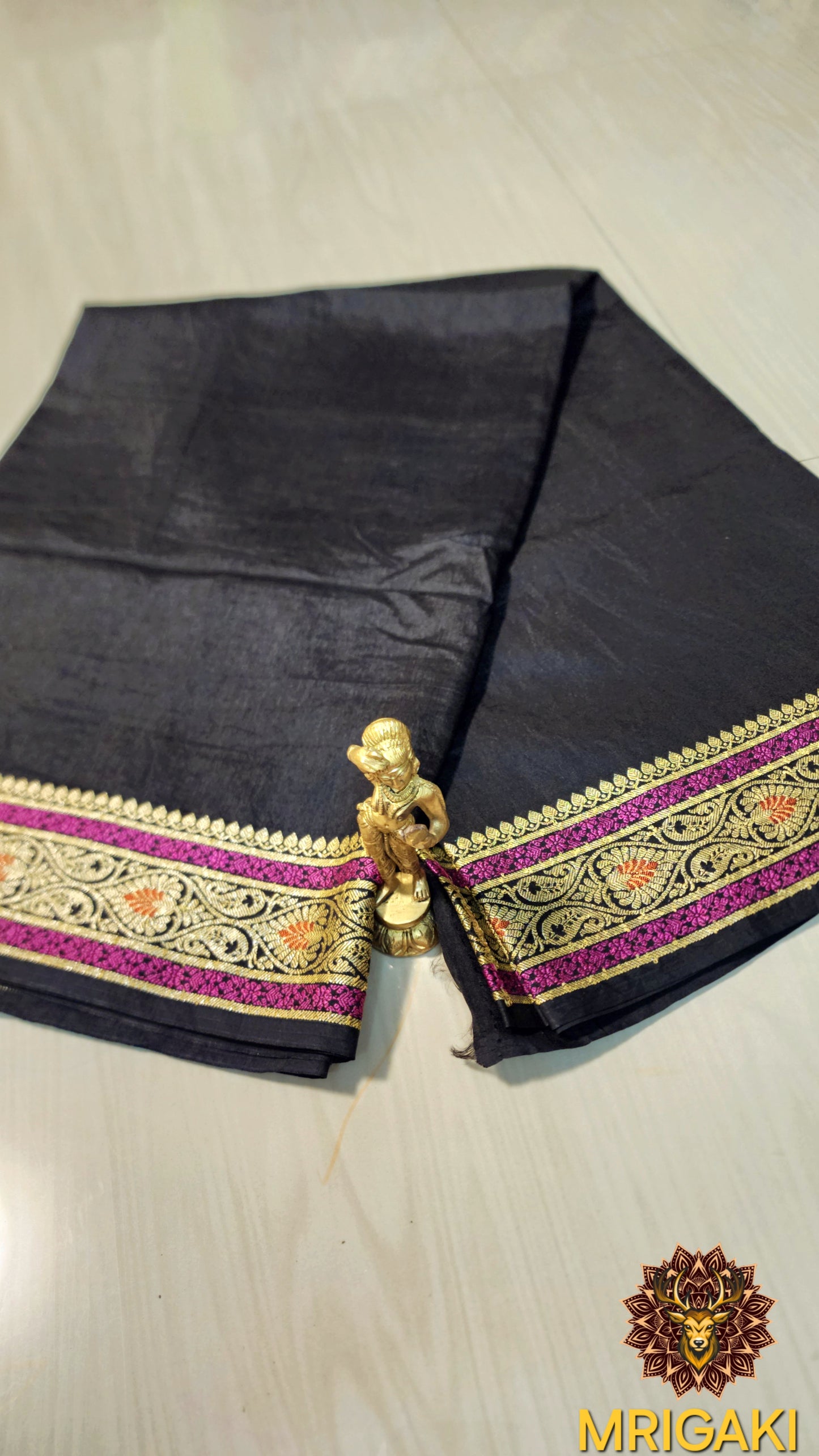 Soft Silk Plain Black color Banarasi Saree with Minakari work Golden Zari border & Pallu