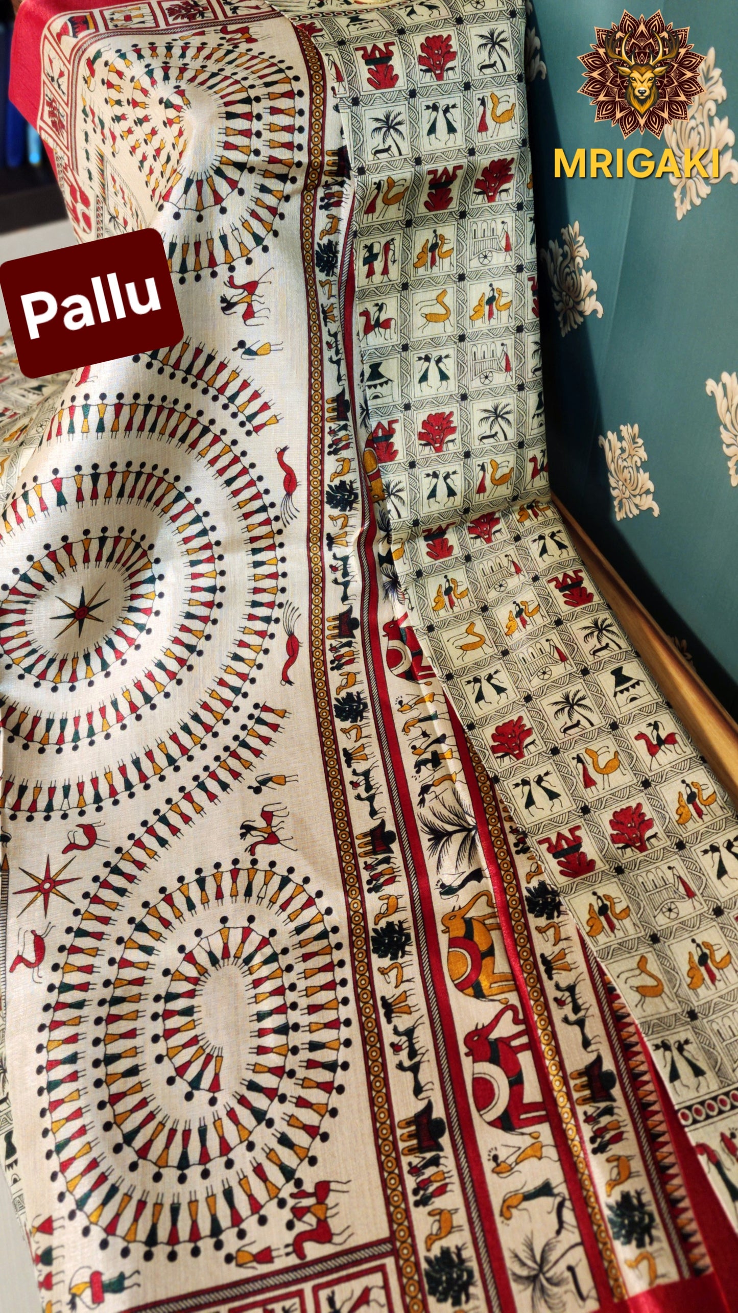 Beige & Red Warli Art Khadi Bamboo Handloom Saree
