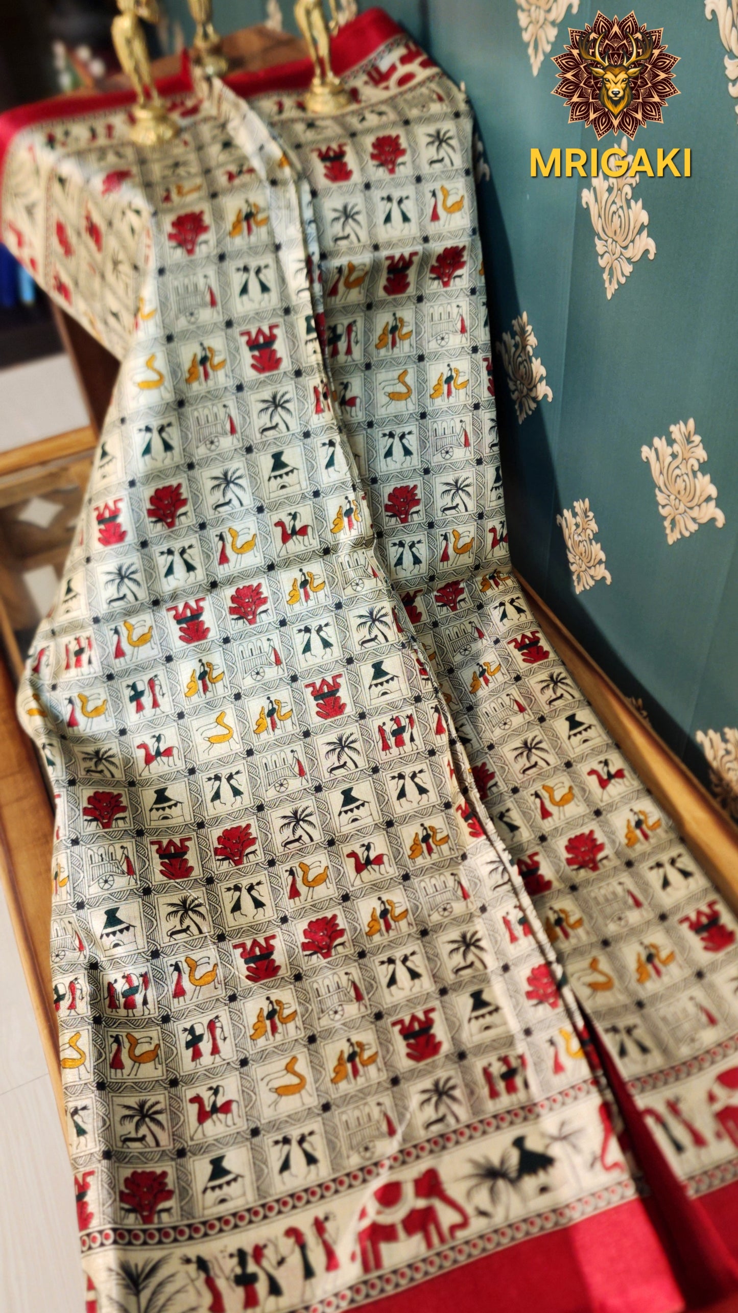 Beige & Red Warli Art Khadi Bamboo Handloom Saree