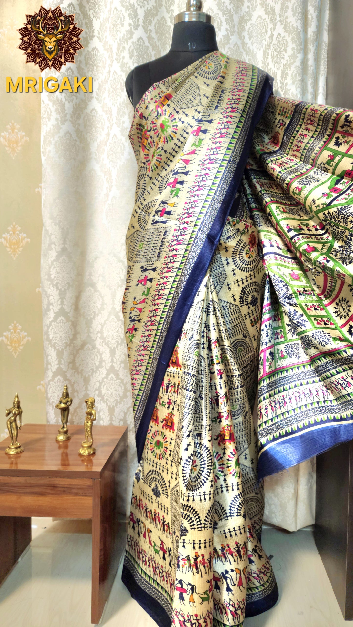 Beige & Royal Blue Warli Art Khadi Bamboo Handloom Saree