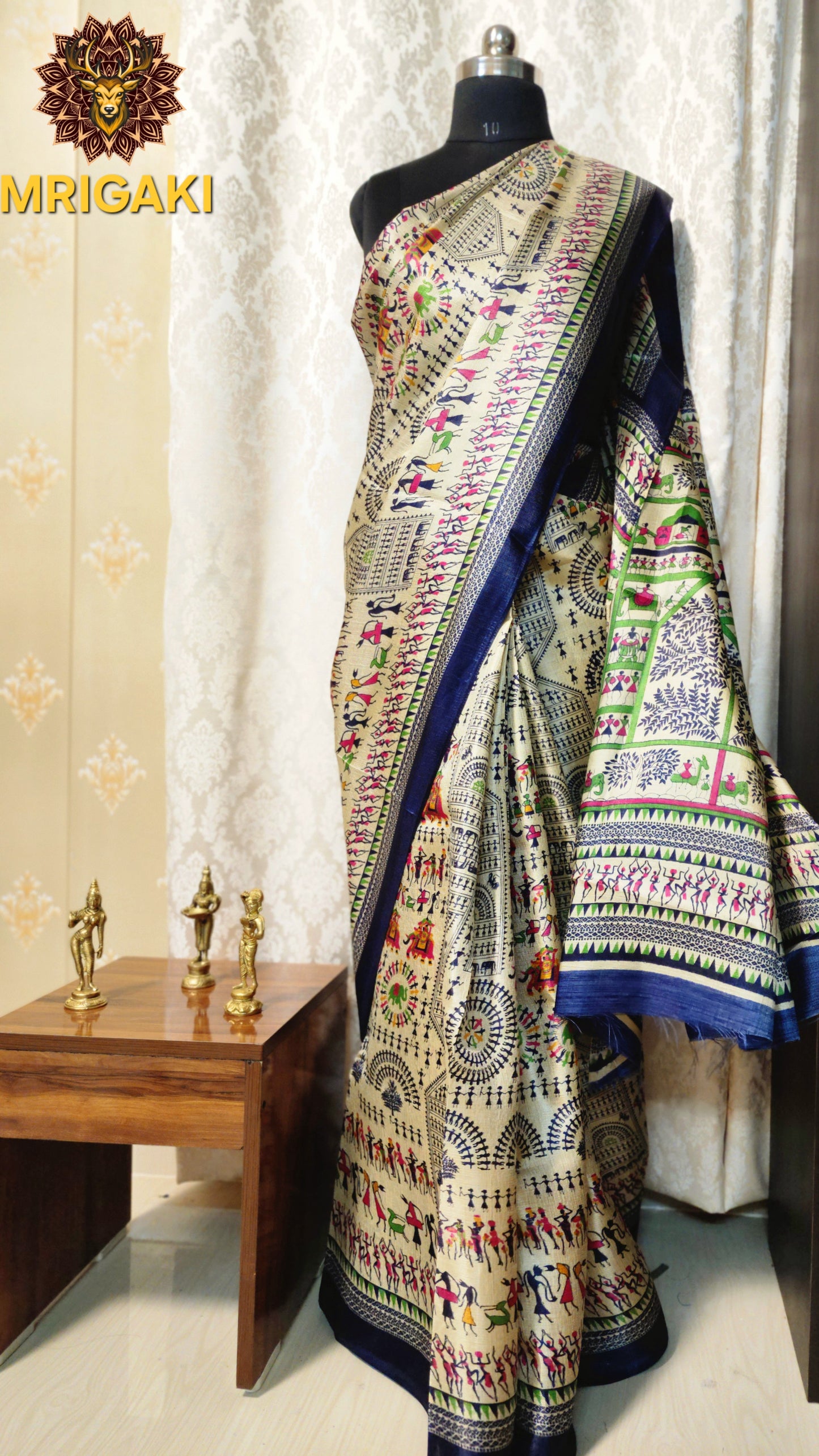 Beige & Royal Blue Warli Art Khadi Bamboo Handloom Saree