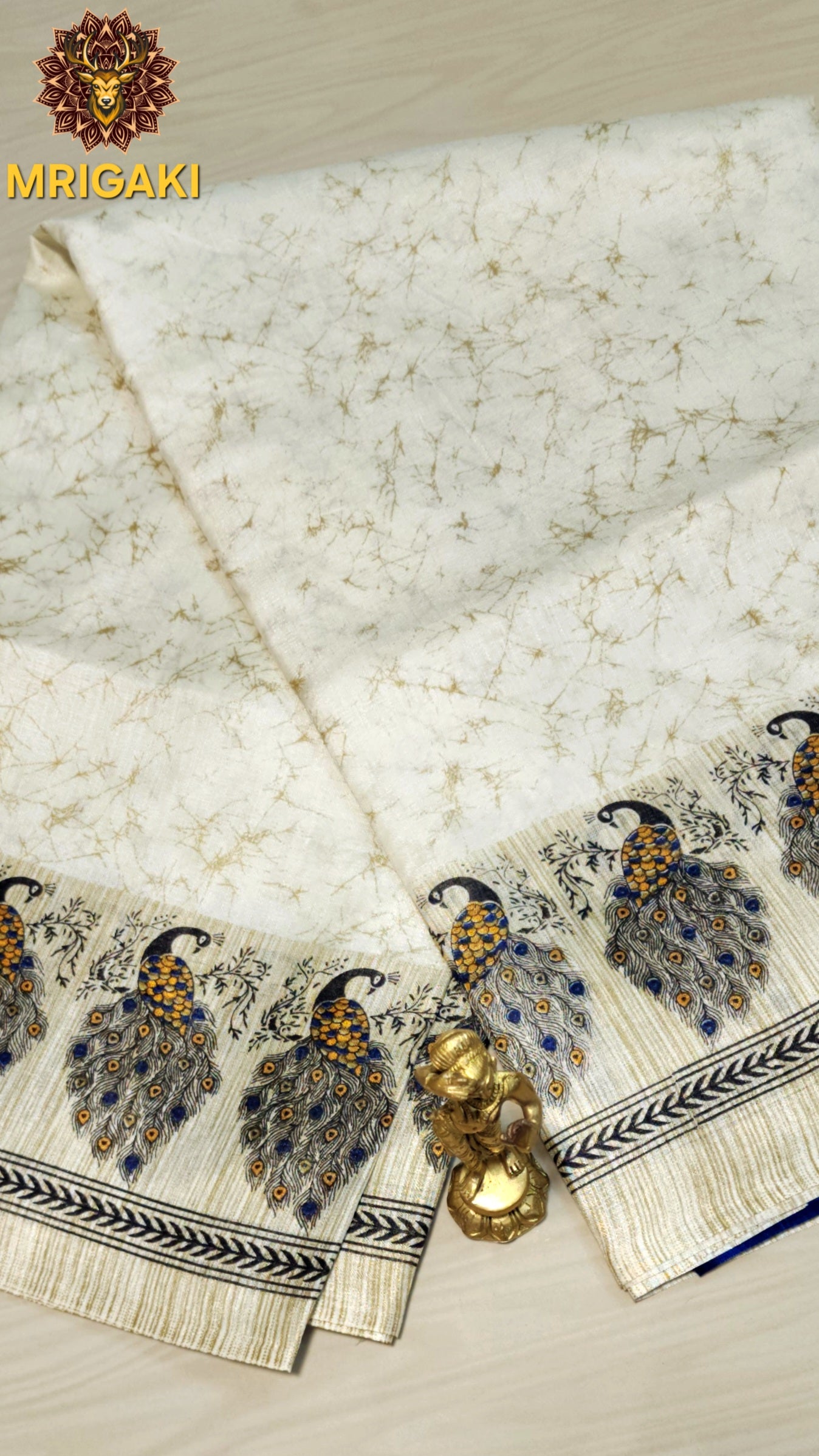 Beige & Royal Blue Peacock Art Khadi Bamboo Handloom Saree