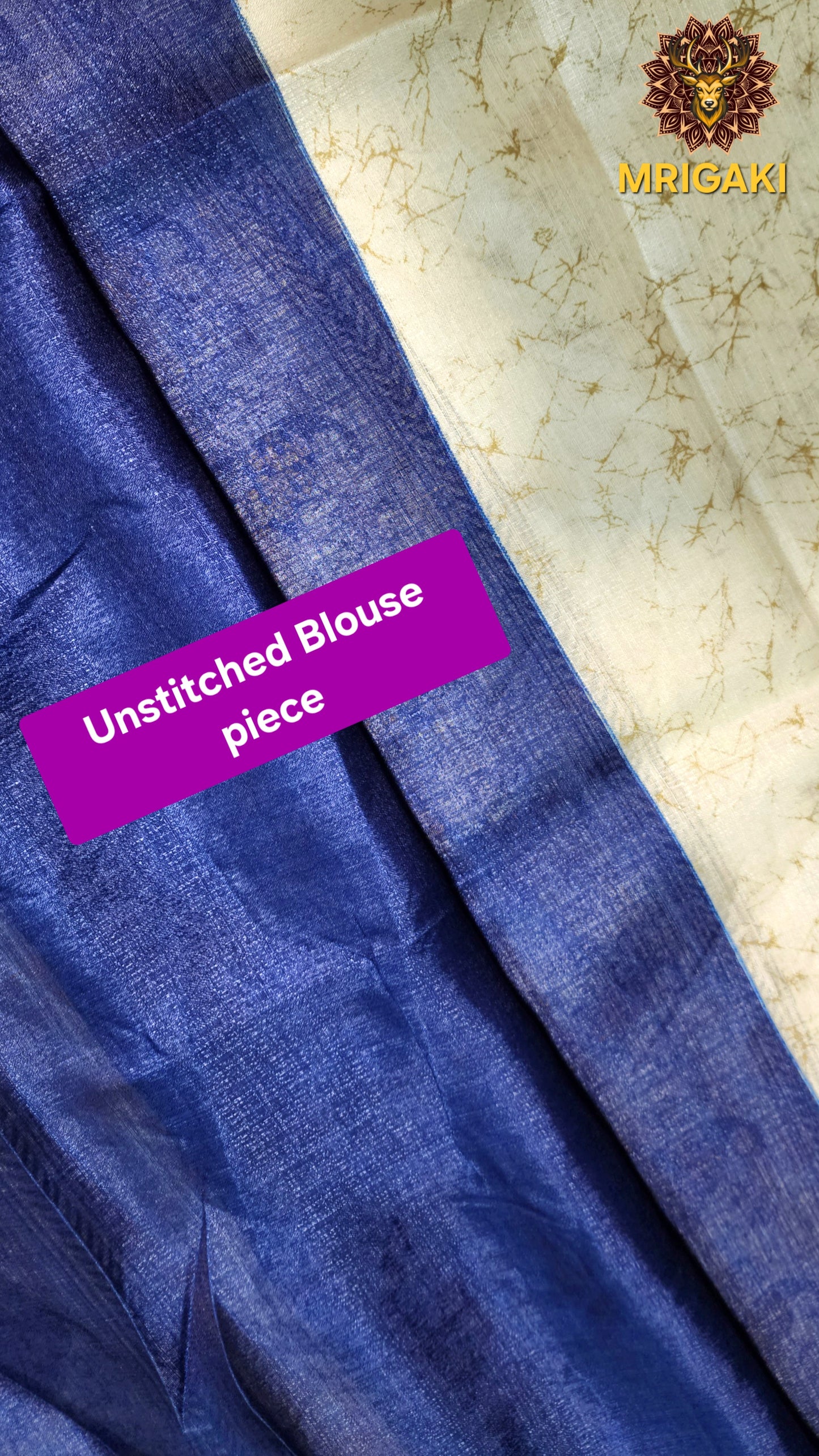 Beige & Royal Blue Peacock Art Khadi Bamboo Handloom Saree