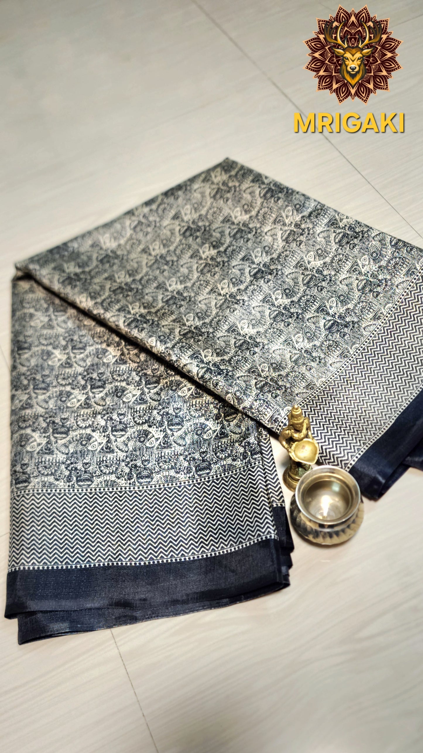 Black & White Madhubani Art Khadi Bamboo Handloom Saree