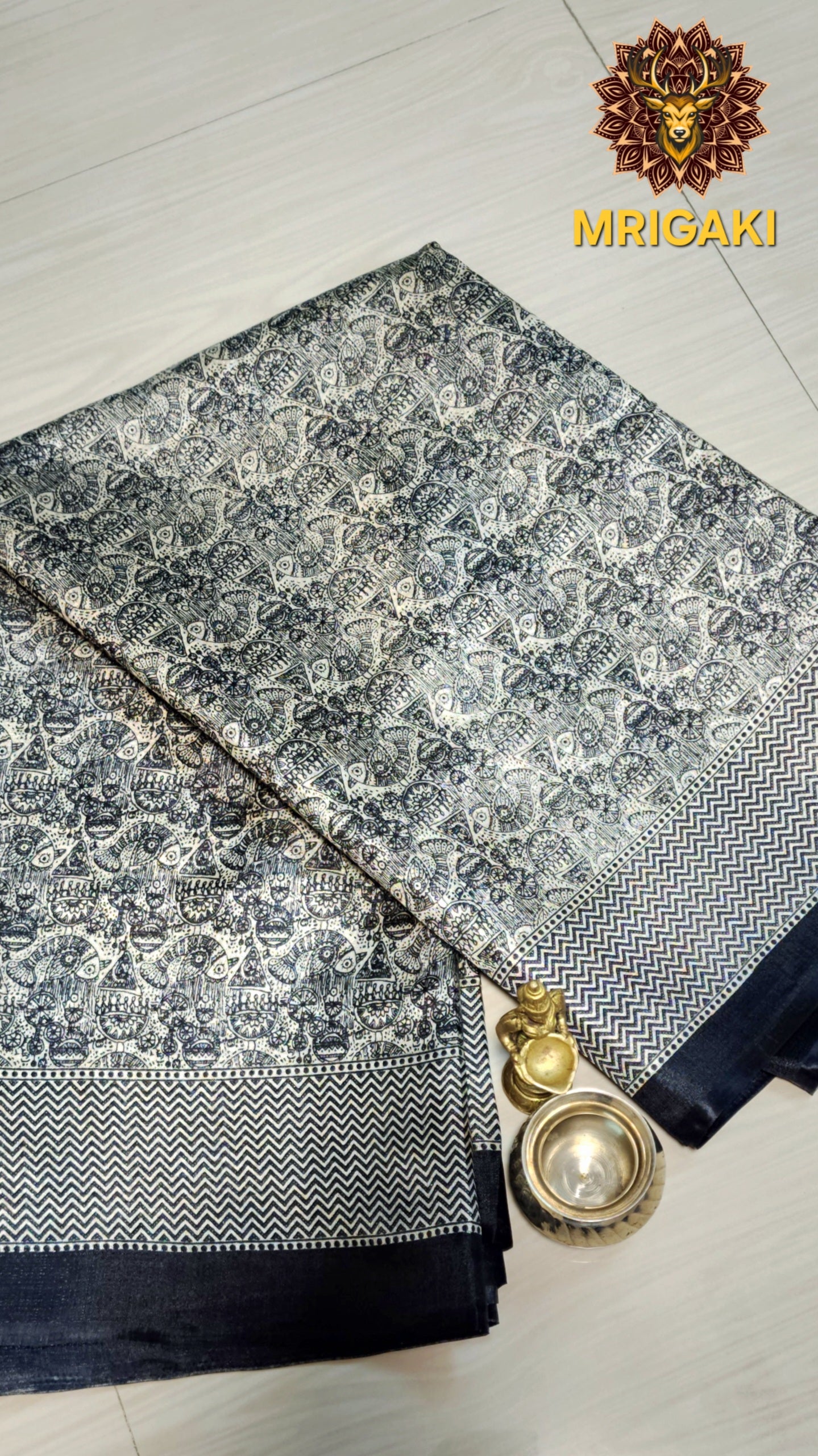 Black & White Madhubani Art Khadi Bamboo Handloom Saree