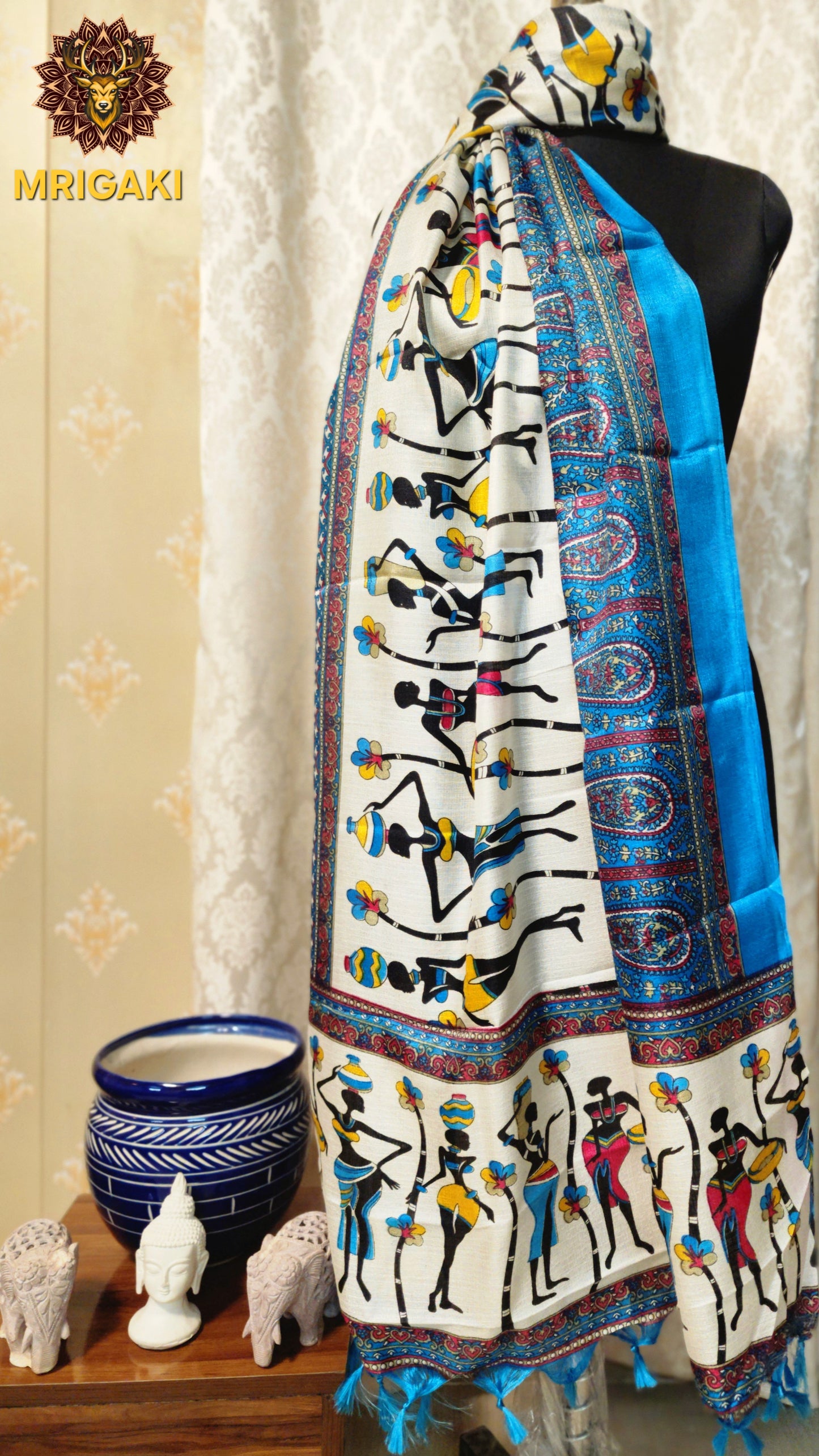Turquoise Blue And Cream color Warli Pattern Digital Print Art Khadi Silk Fabric Stole/Dupatta