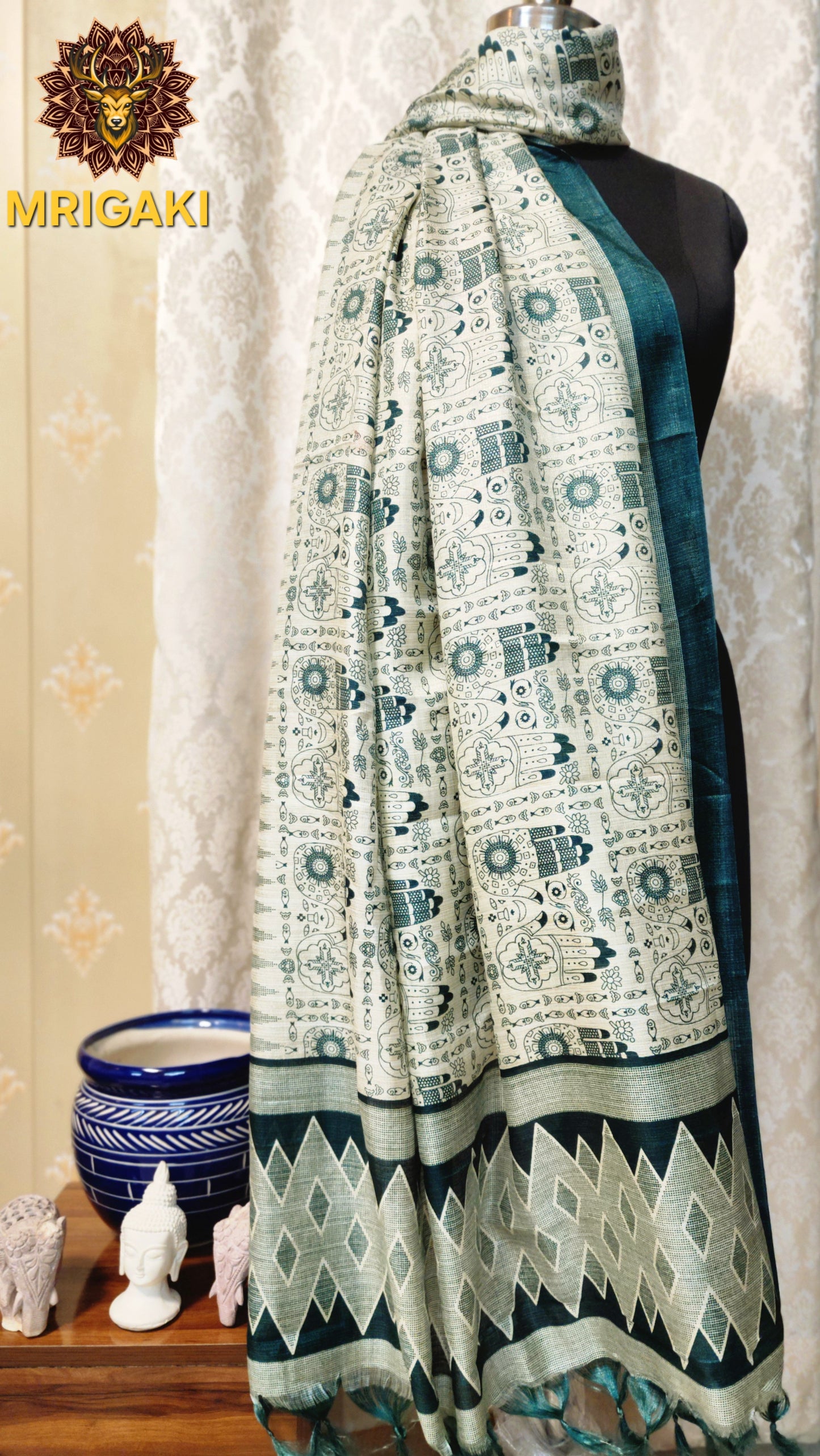 Olive Green And Cream color Warli Pattern Digital Print Art Khadi Silk Fabric Stole/Dupatta