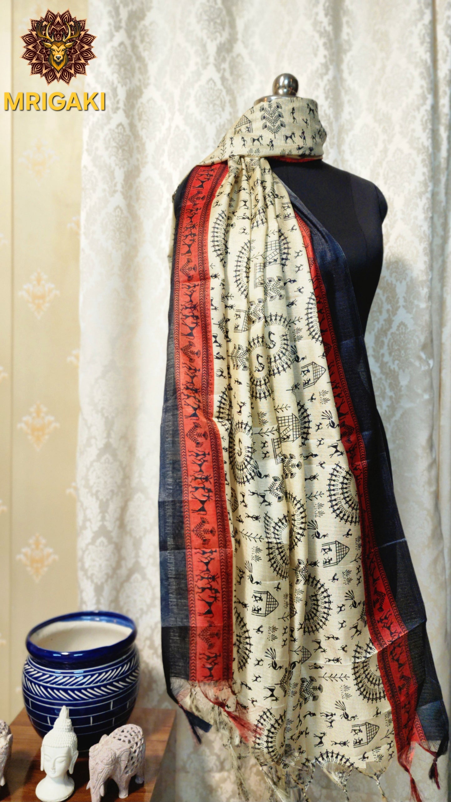 Beige And Red color Warli Pattern Digital Print Art Khadi Silk Fabric Stole/Dupatta
