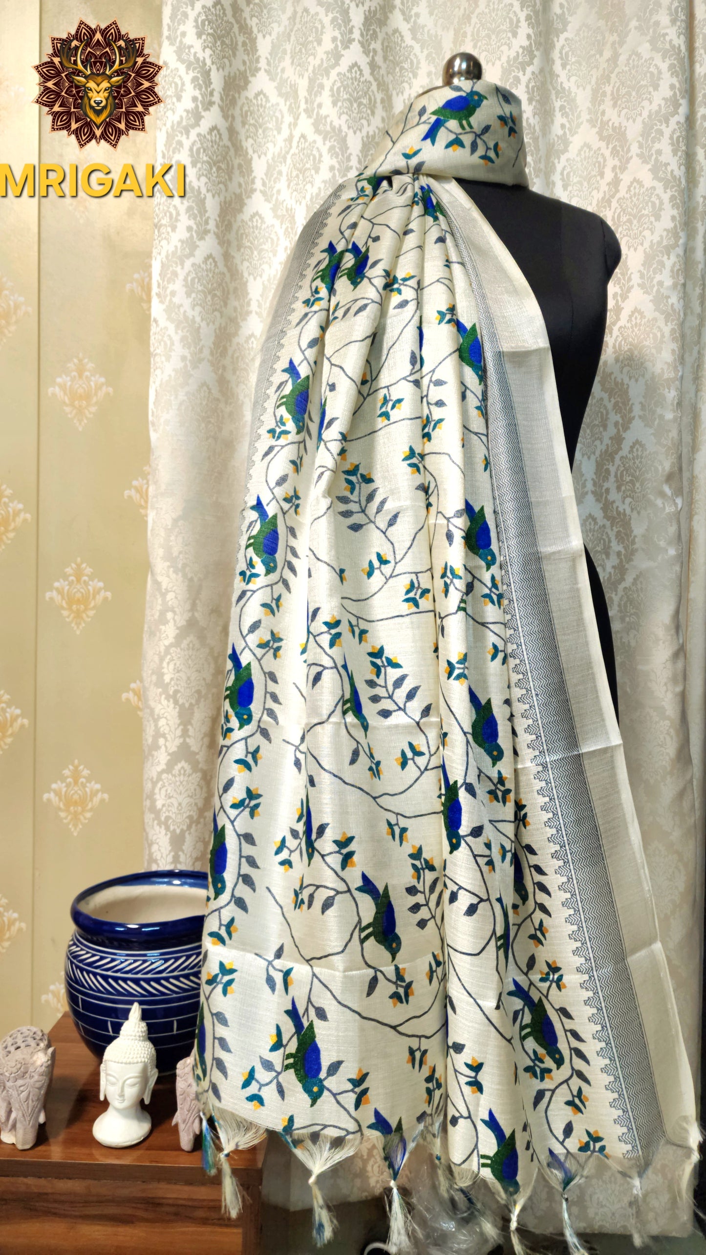 Beige And Turquoise Blue color Sparrow design Digital Print Art Khadi Silk Fabric Stole/Dupatta