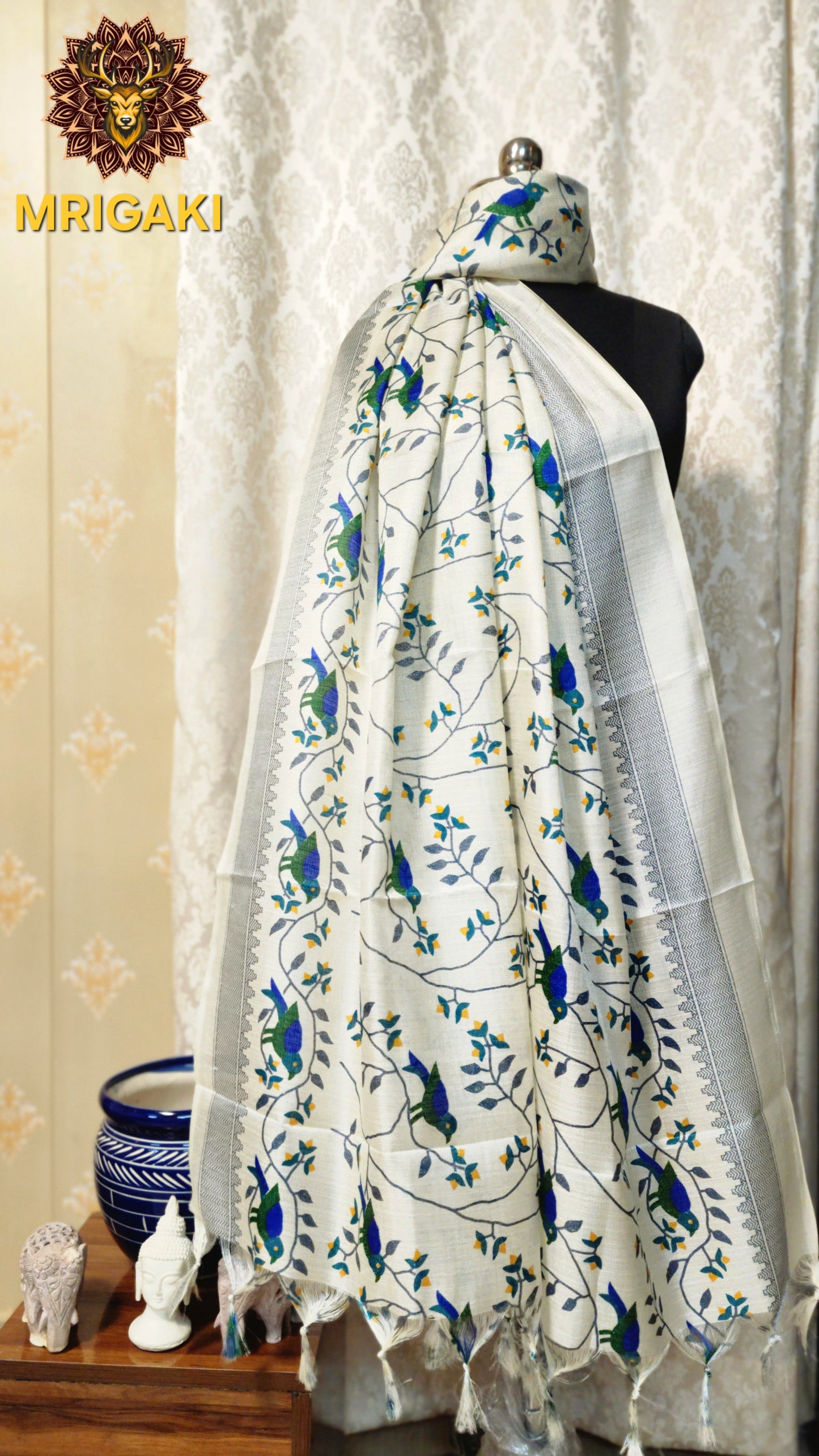 Beige And Turquoise Blue color Sparrow design Digital Print Art Khadi Silk Fabric Stole/Dupatta