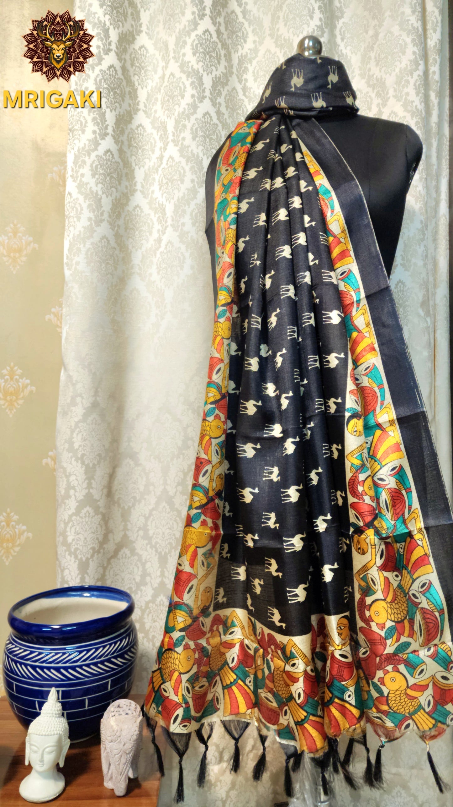 Black And Beige color Camel Digital Print Art Khadi Silk Fabric Stole/Dupatta