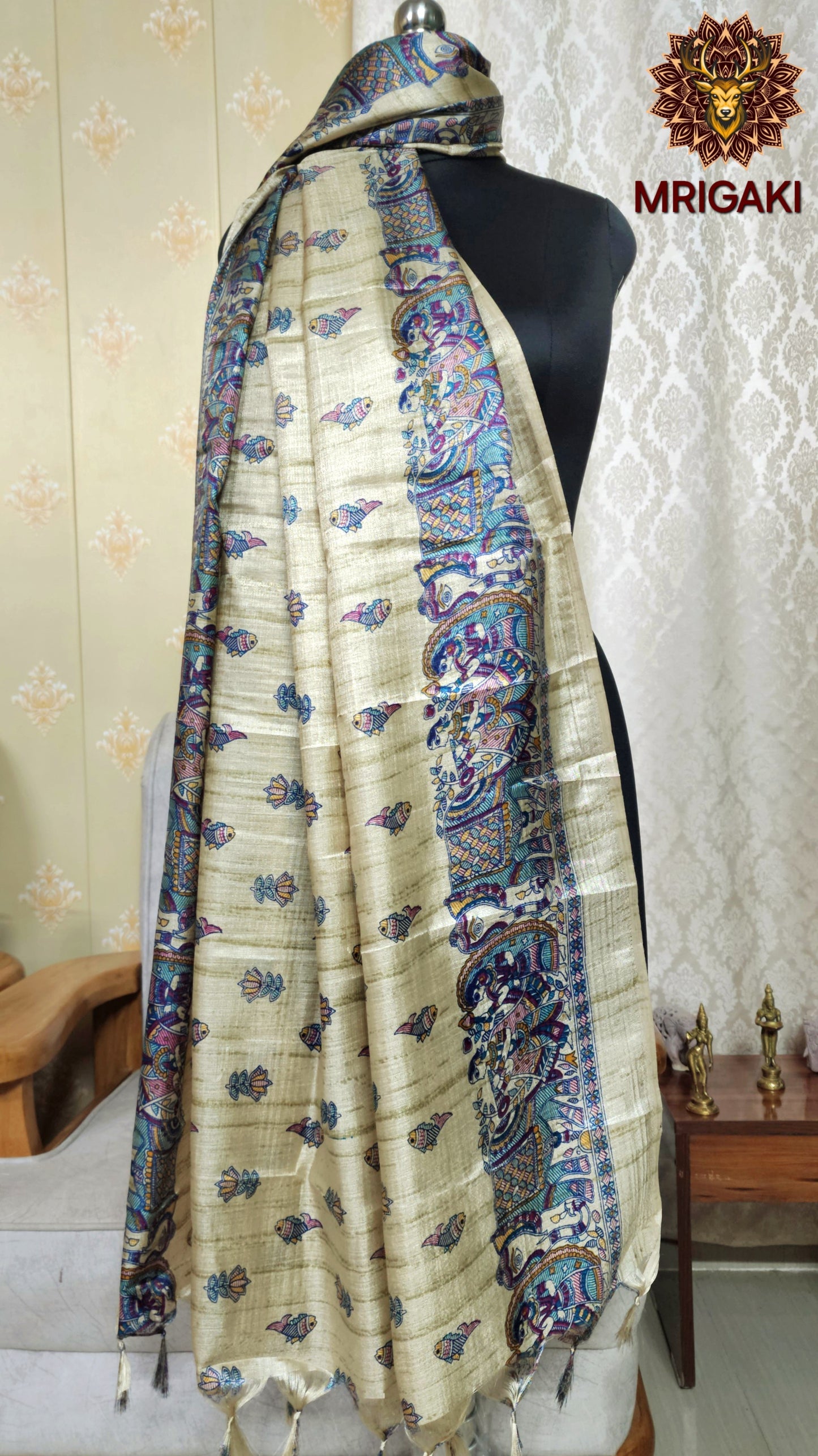 Beige and Turquoise Blue color Raj-gharana Fish Digital Print Art Khadi Silk Fabric Stole/Dupatta
