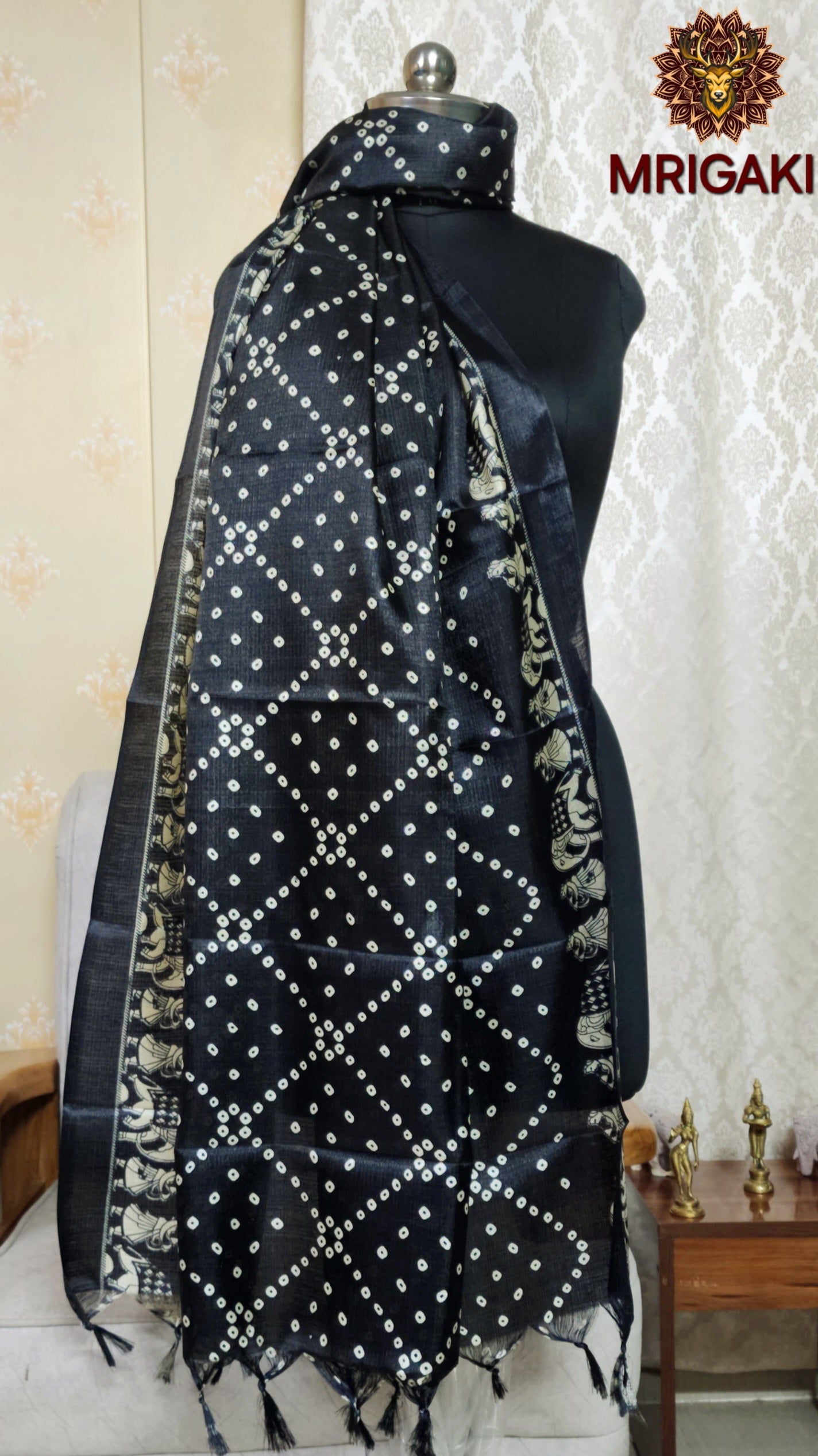 Black And Cream color Polka dots with Raj-gharana border Digital Print Art Khadi Silk Fabric Stole/Dupatta