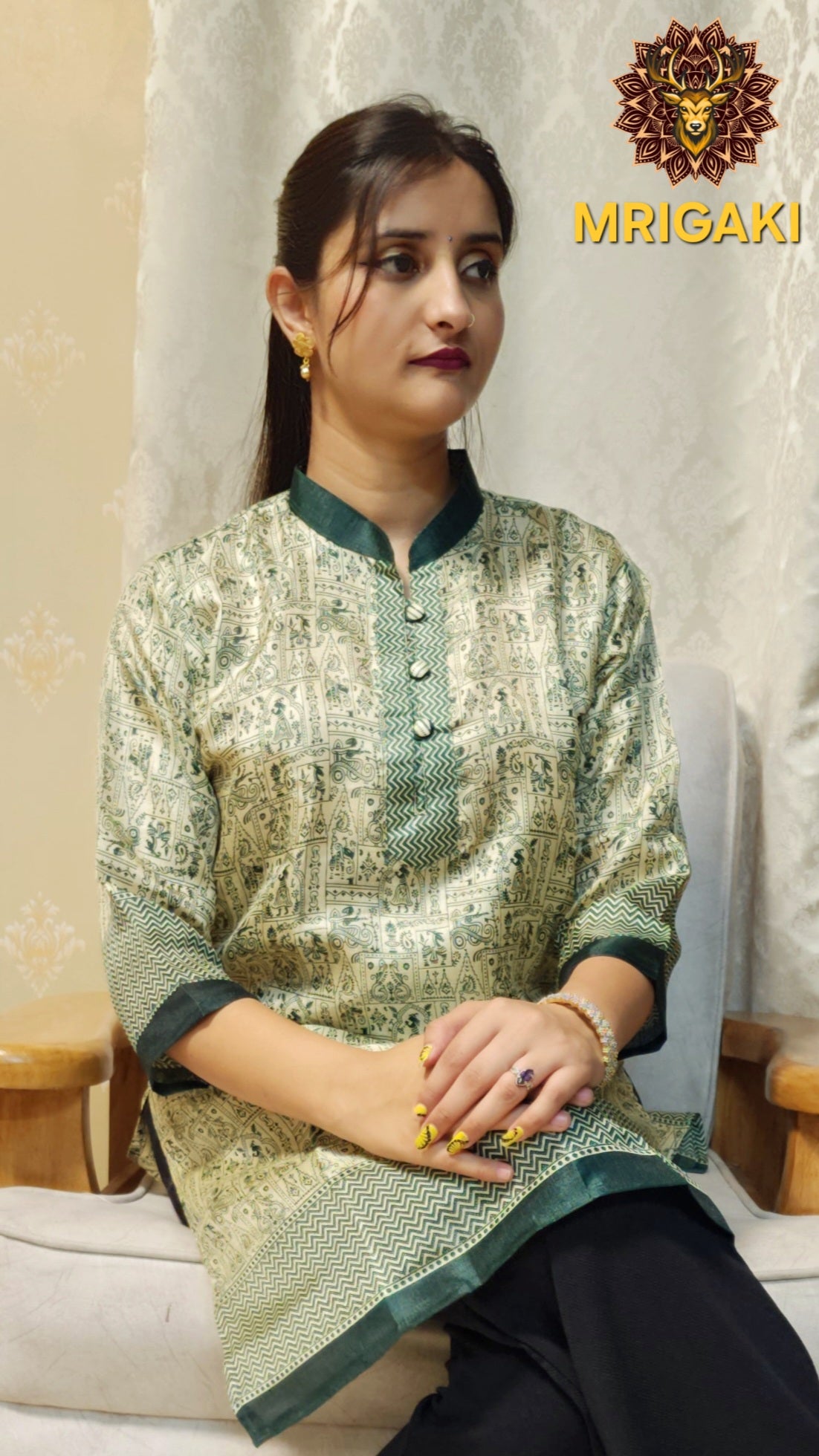 Beige & Olive Green color Warli Art Handwoven Kurti