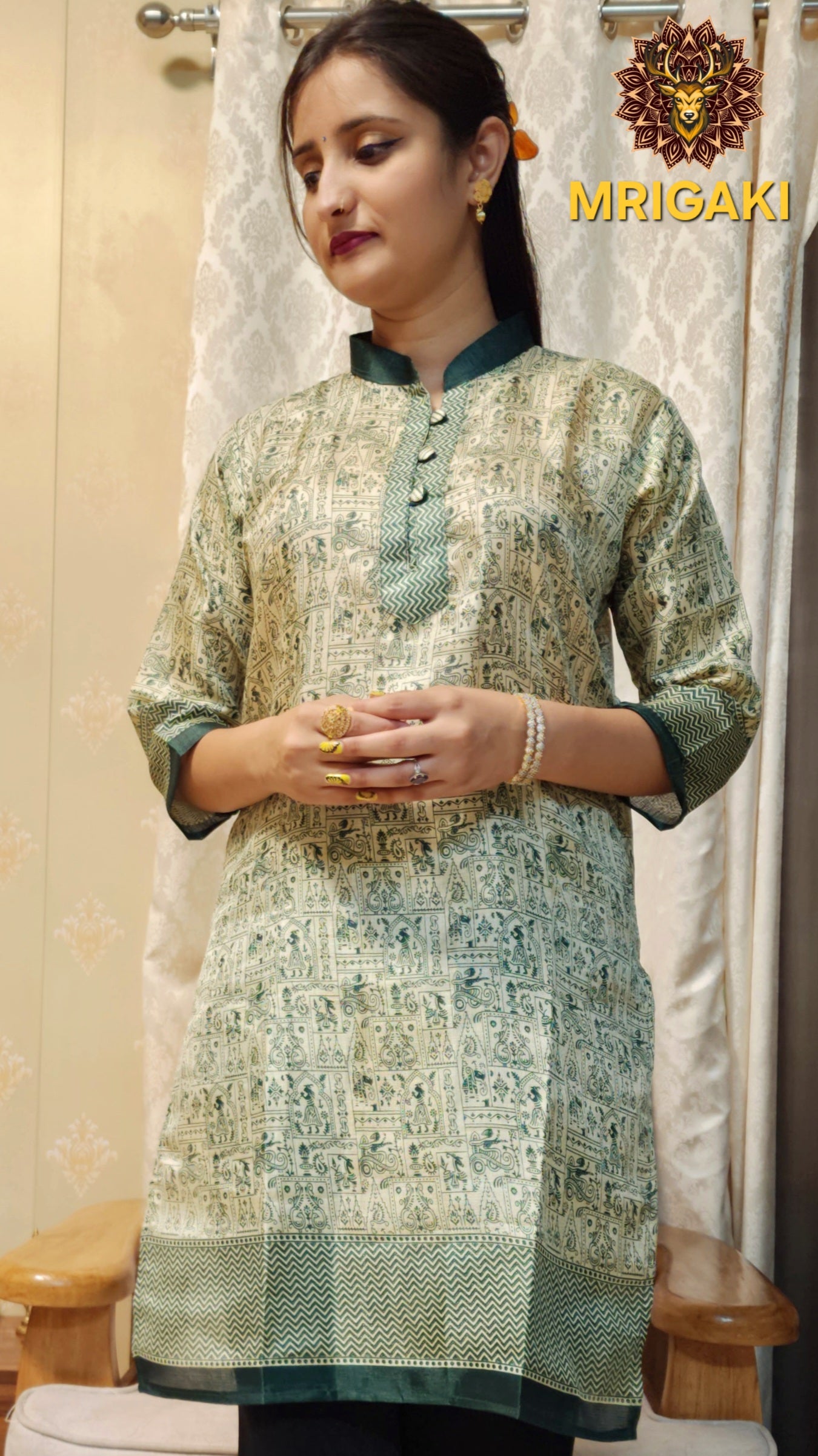 Beige & Olive Green color Warli Art Handwoven Kurti