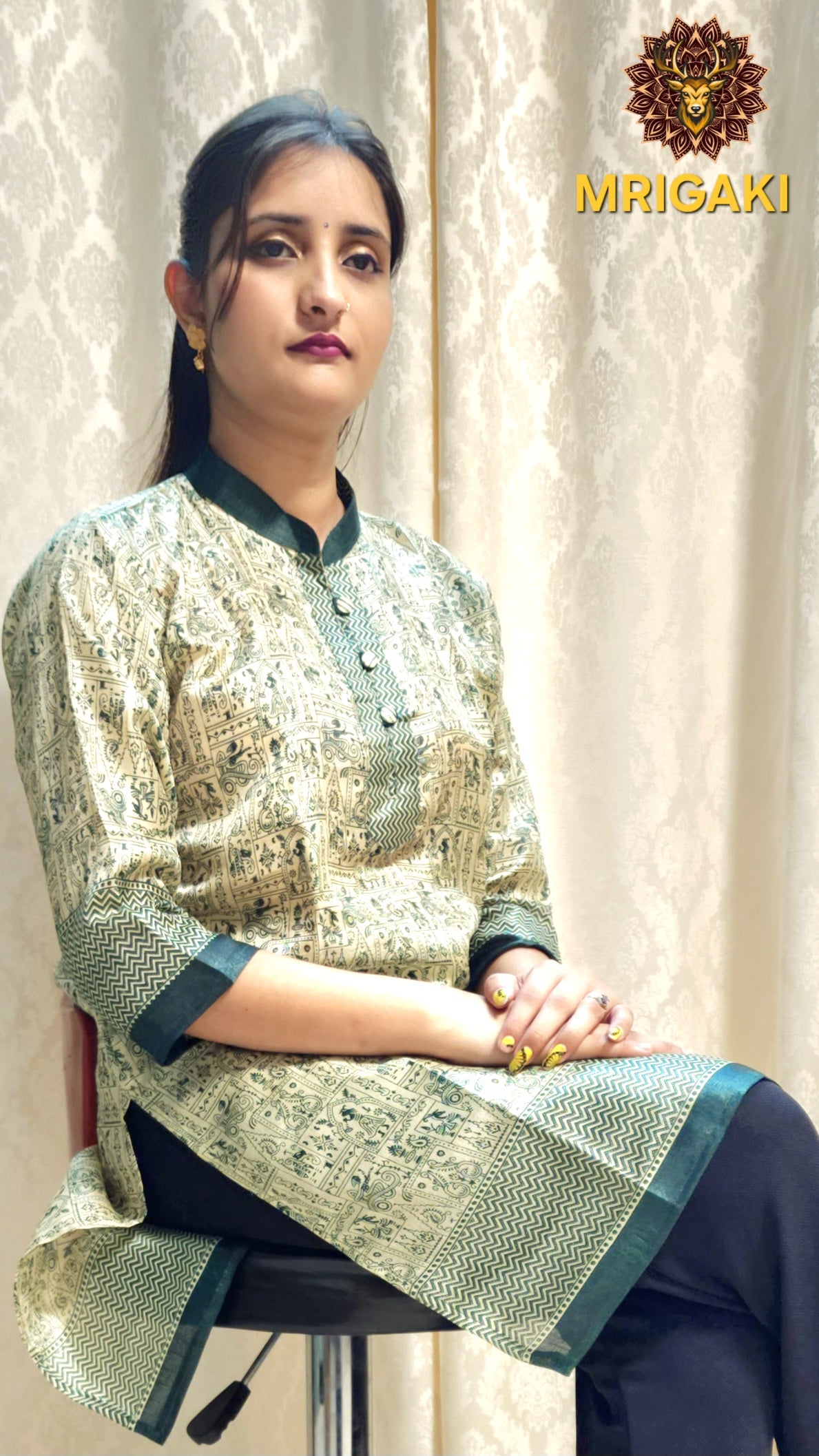 Beige & Olive Green color Warli Art Handwoven Kurti