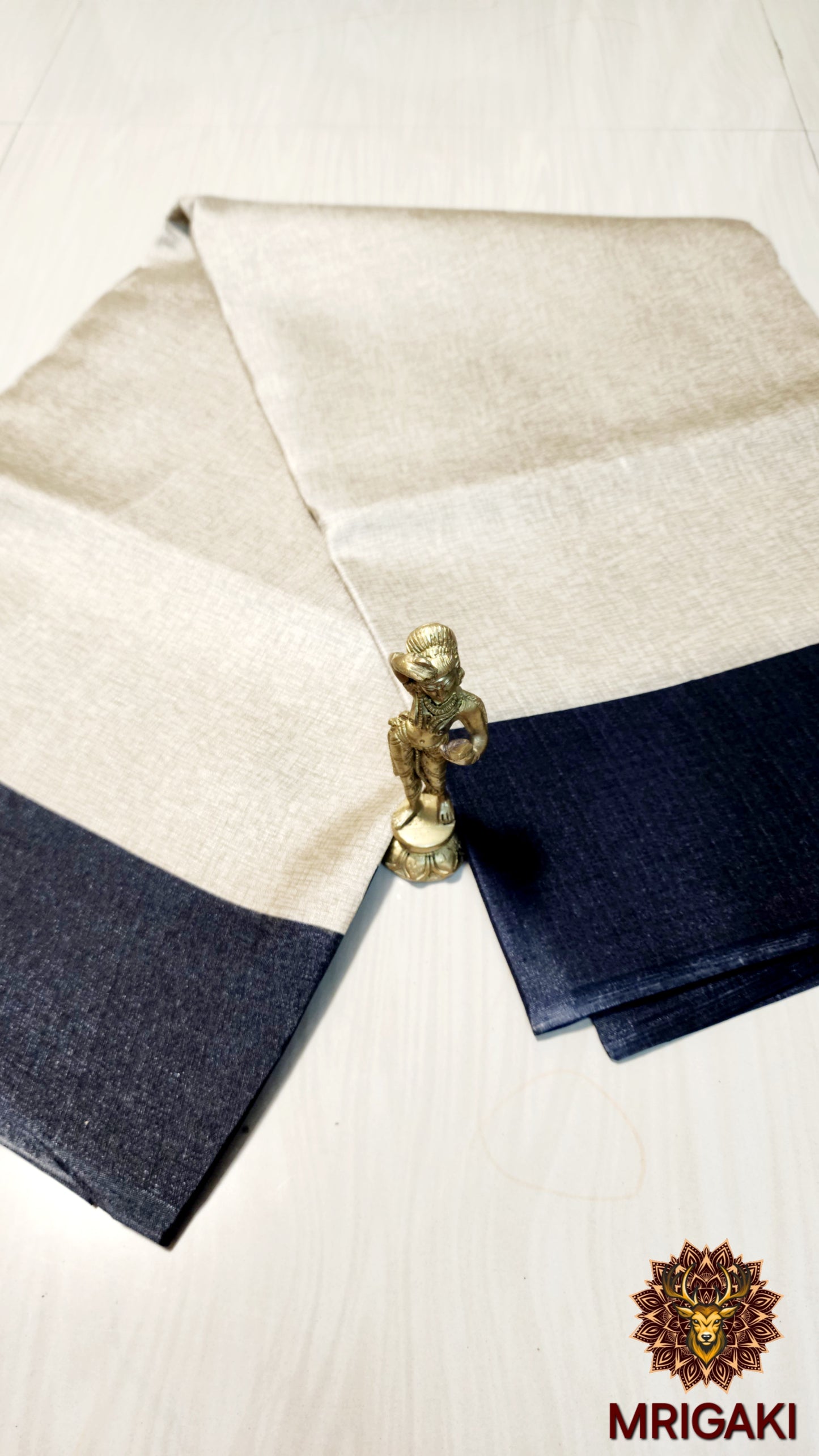 Beige base color plane Khadi Bamboo Handloom Saree with Black border, Designer pallu & blouse piece