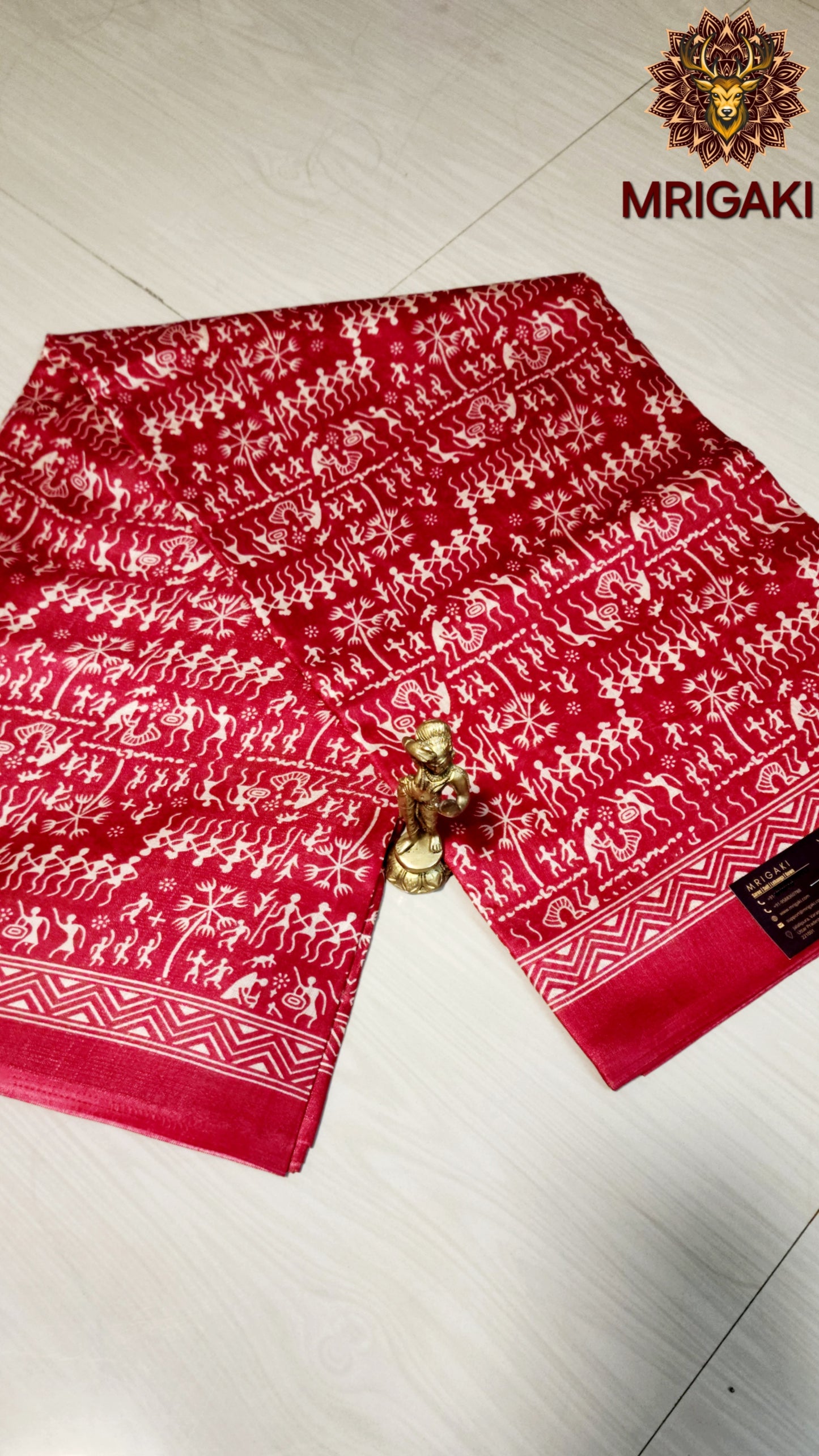 Red & White Warli Art Khadi Bamboo Handloom Saree