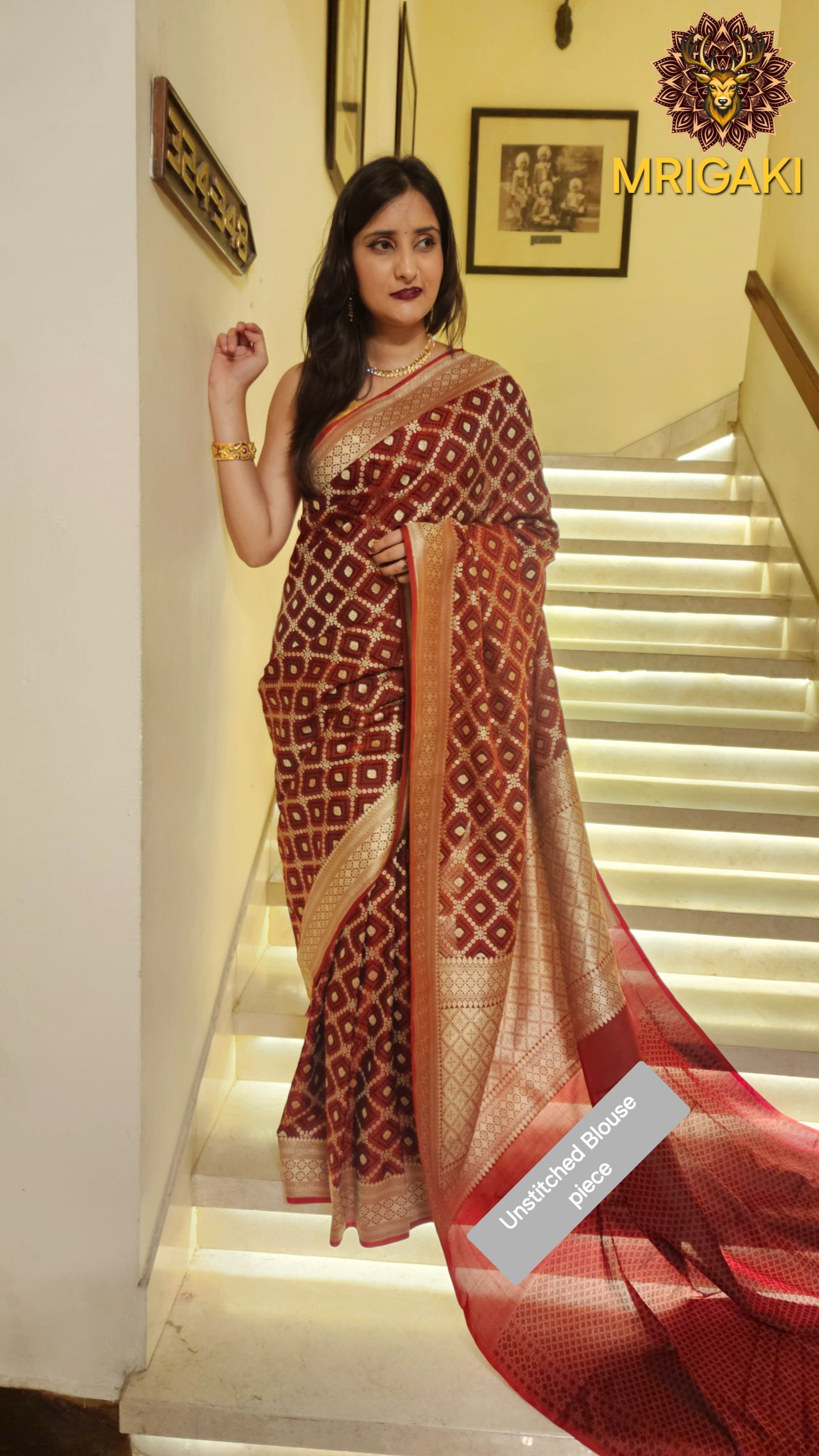 Pure Dupion Silk Banarasi Saree in Black Maroon contrast with Golden Cheques