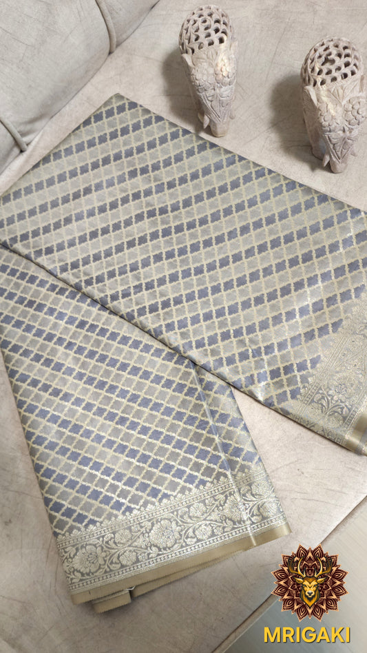 Handloom Banarasi Pure Silk Dupatta with Criss Cross Pattern in Grey Silver color combination