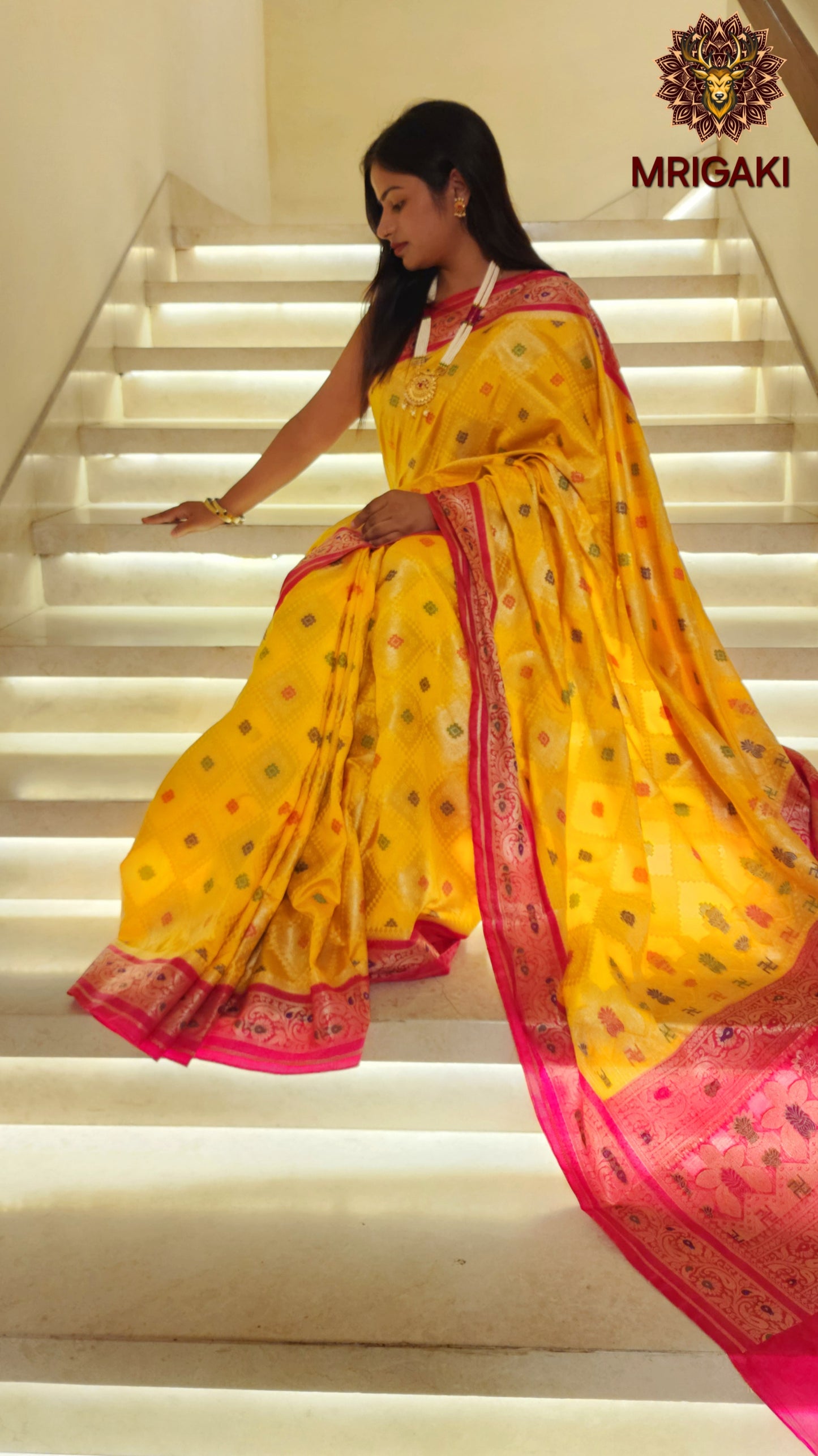 Yellow Pink Dupion Silk Banarasi Saree with butti all over & heavy Pallu with Satiya Kalash design