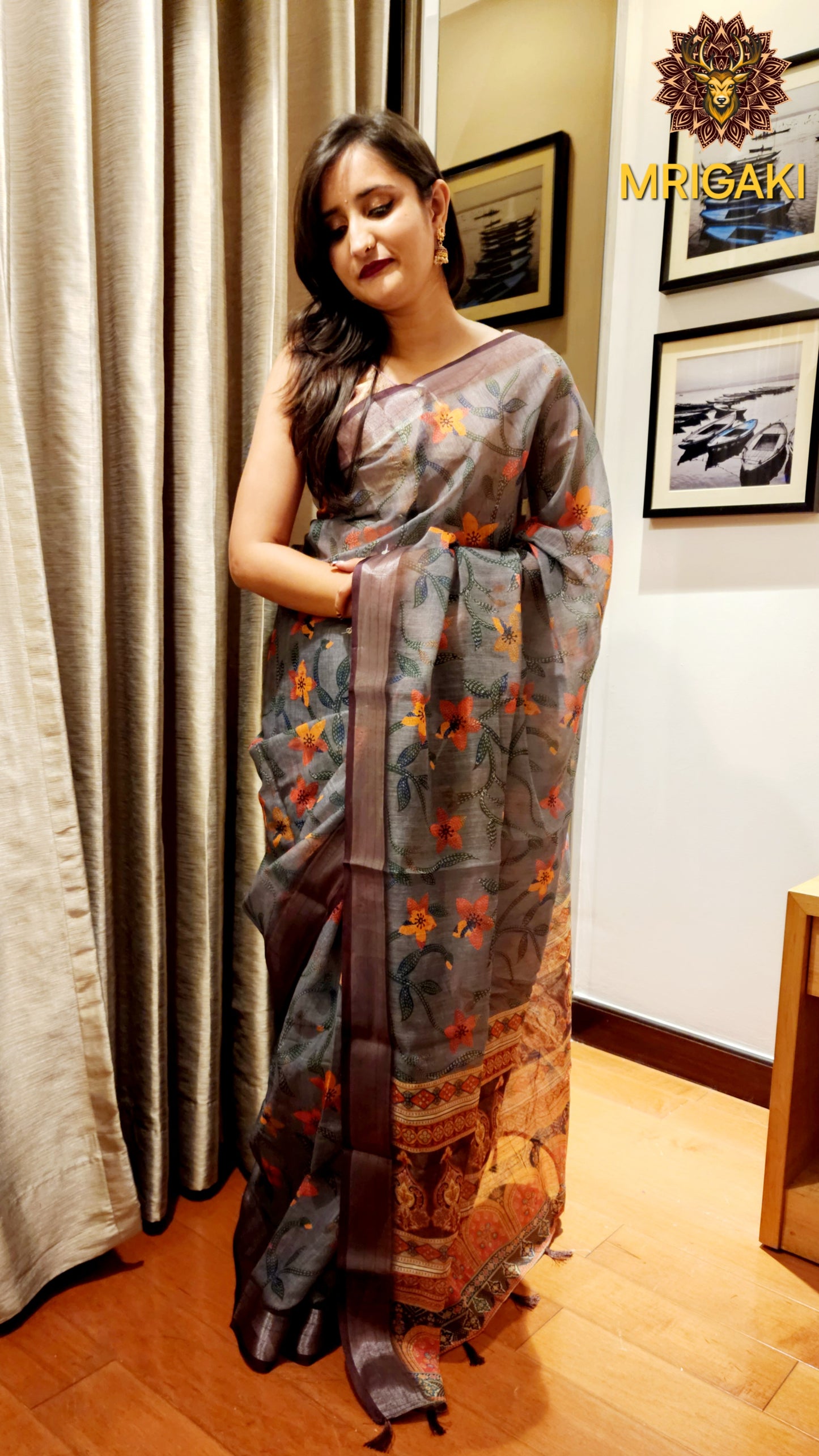 Dark Grey Base Linen Saree with Katha digital design all over, grey border with Pom-Pom on Pallu