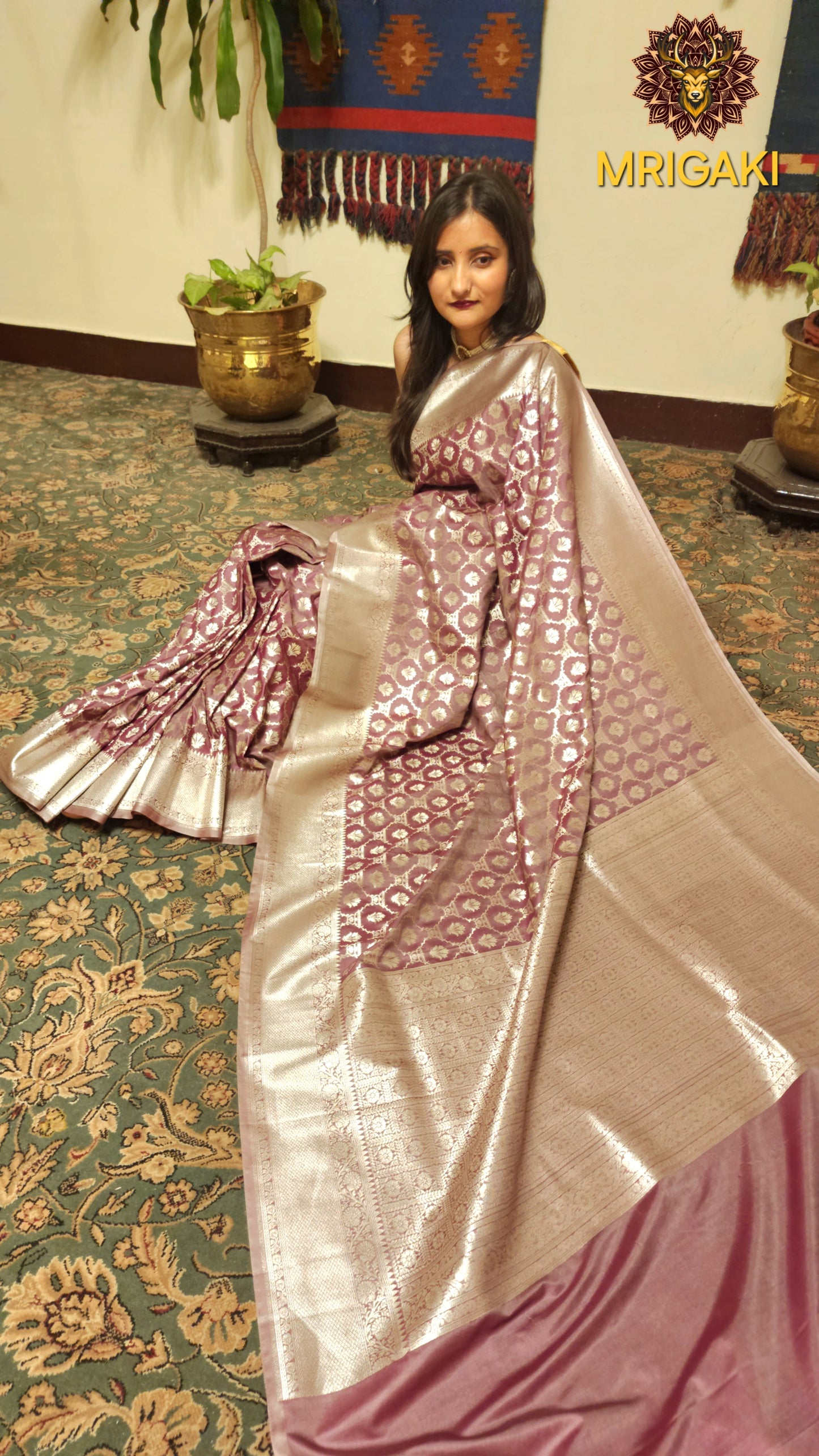 Onion Base color Dupion Silk all-over geometric Banarasi Butti Saree with Silver Zari work