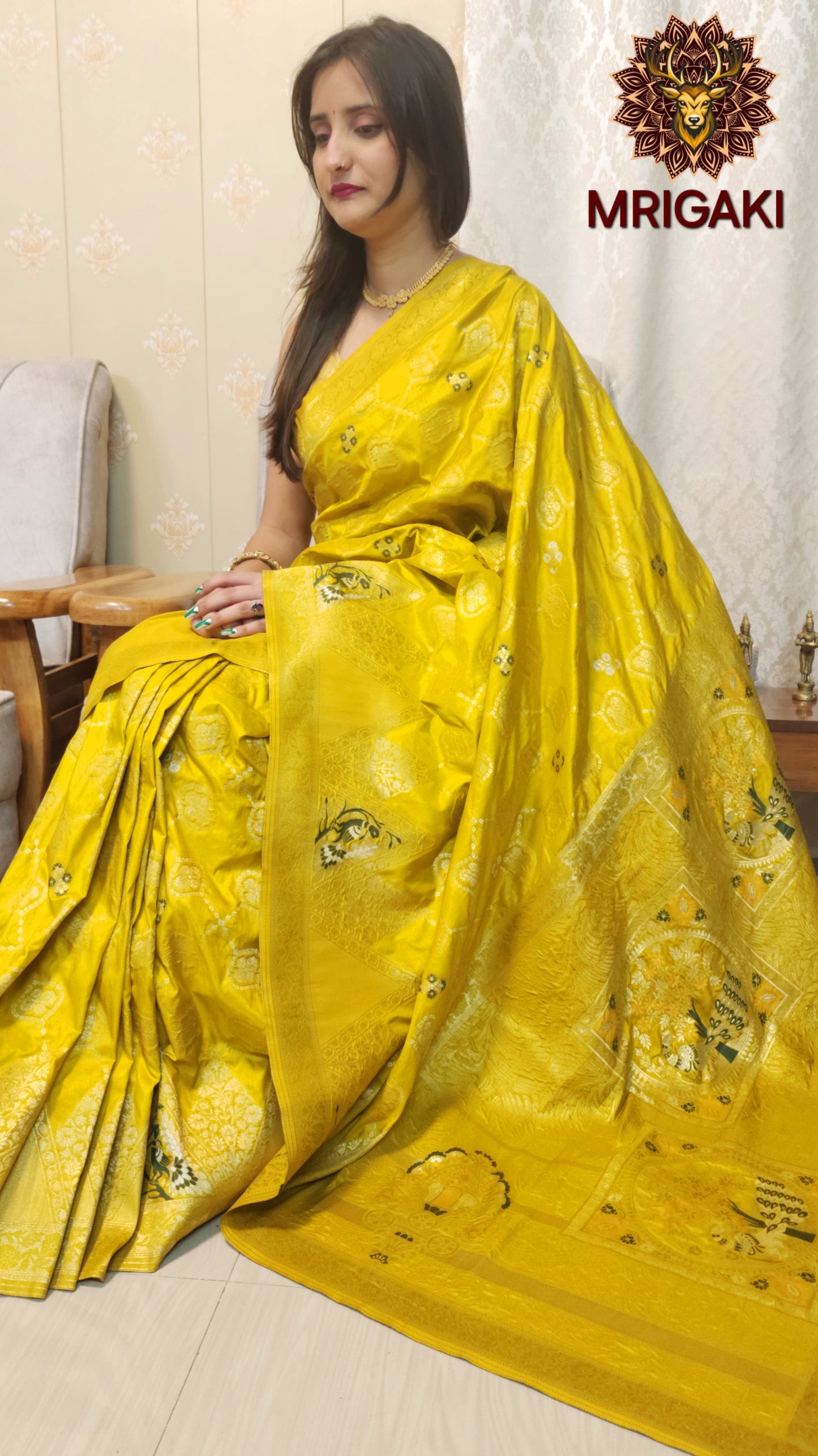 Banarasi Silk Yellow Green color saree with Peacock pattern & Golden Jaal design All over