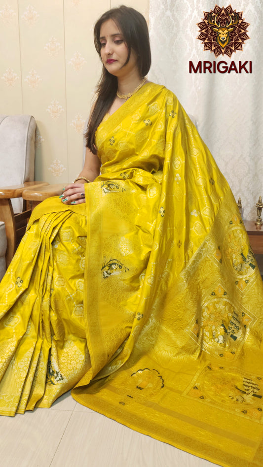Banarasi Silk Yellow Green color saree with Peacock pattern & Golden Jaal design All over