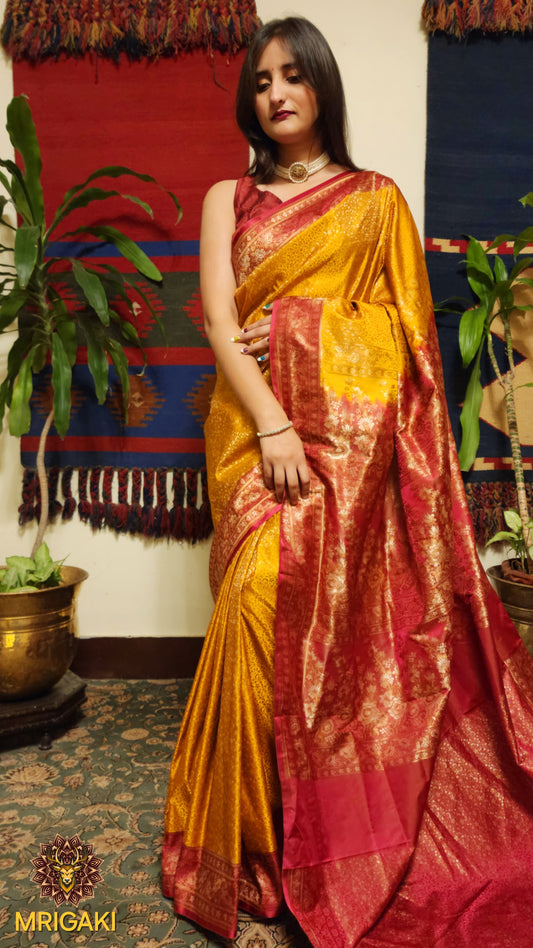 Pure Silk Jamewaar Saree in Yellow Red Contrast colors