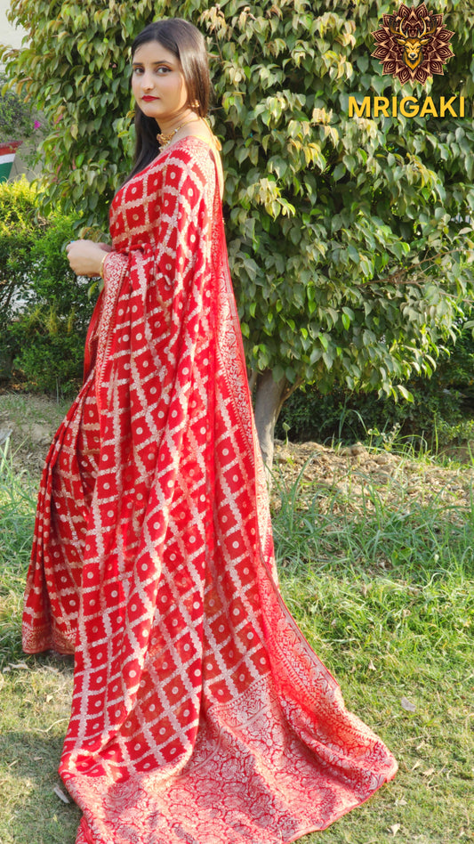 Silk Georgette Red Saree with Bridal Cheques pattern all over & heavy designer Blouse