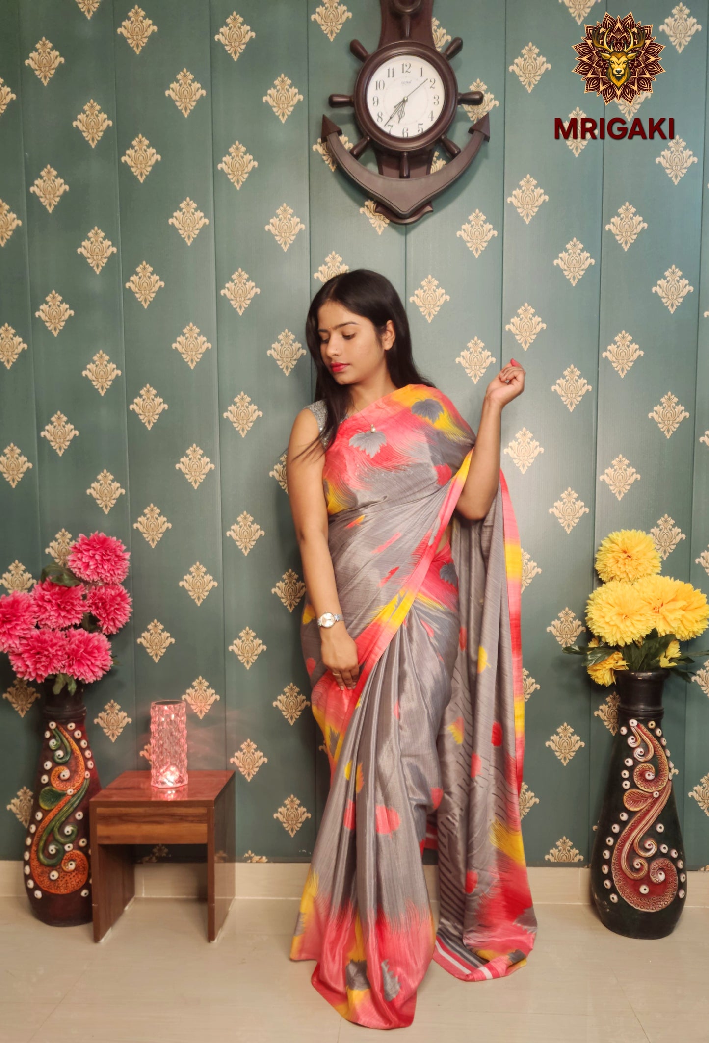 Pinkish Grey Pure Italian Silk Saree with Flowery Digital Print