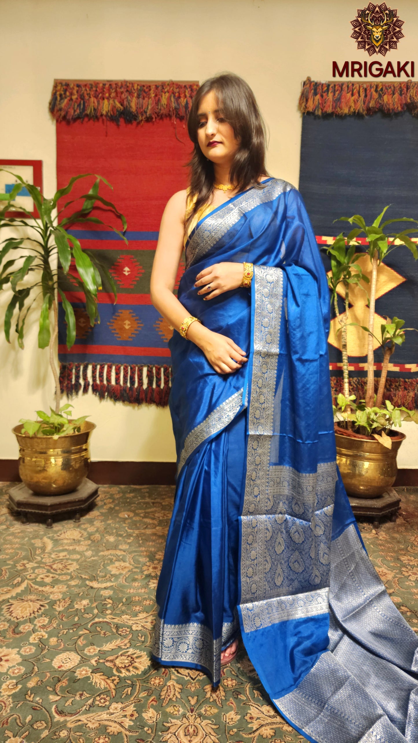 Soft Silk Plain Royal Blue color Banarasi Saree with Silver color Zari border & Pallu