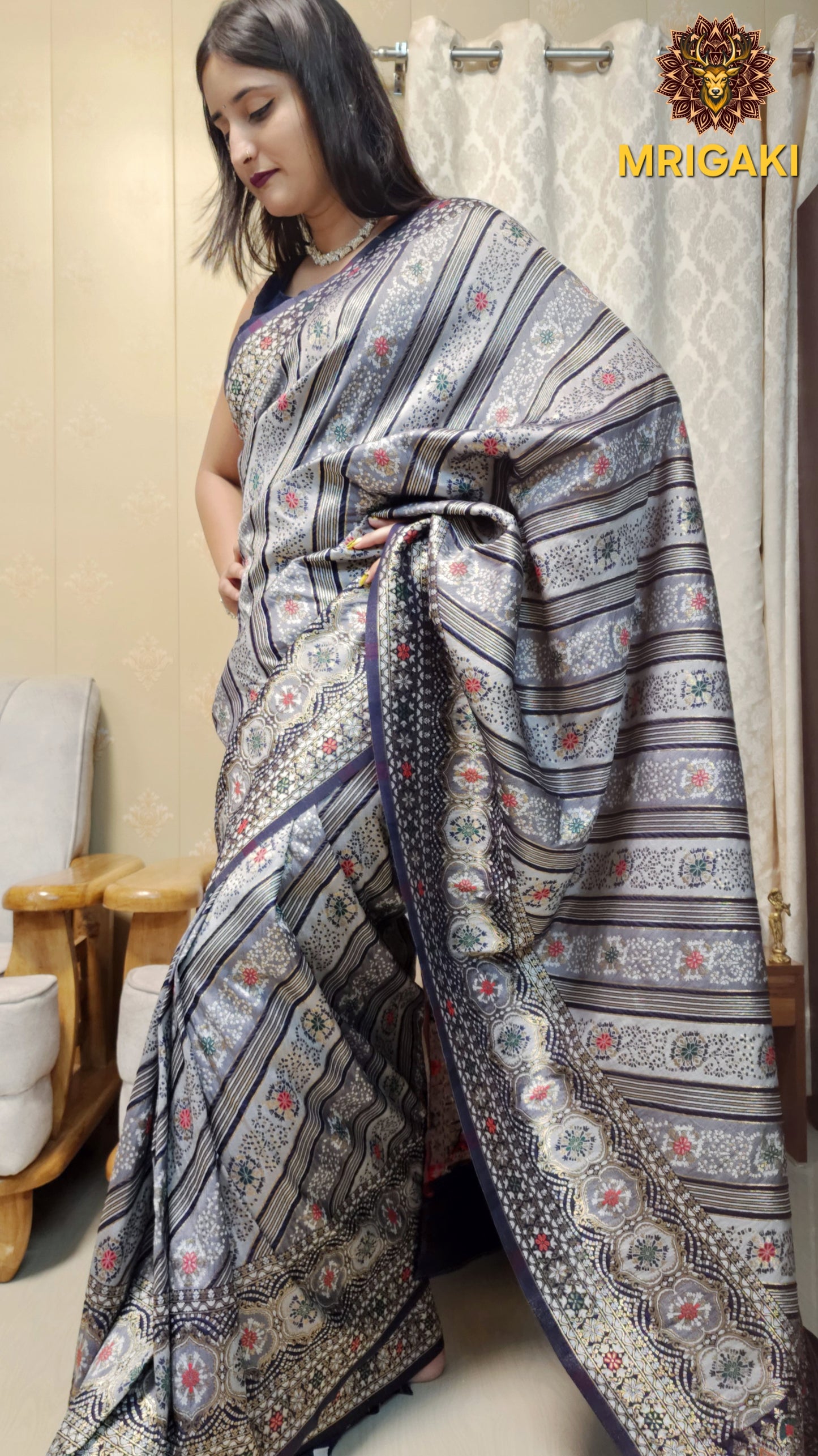 Multicolor Minakari Handwoven Banarasi Silk Saree with geometrical lines all over
