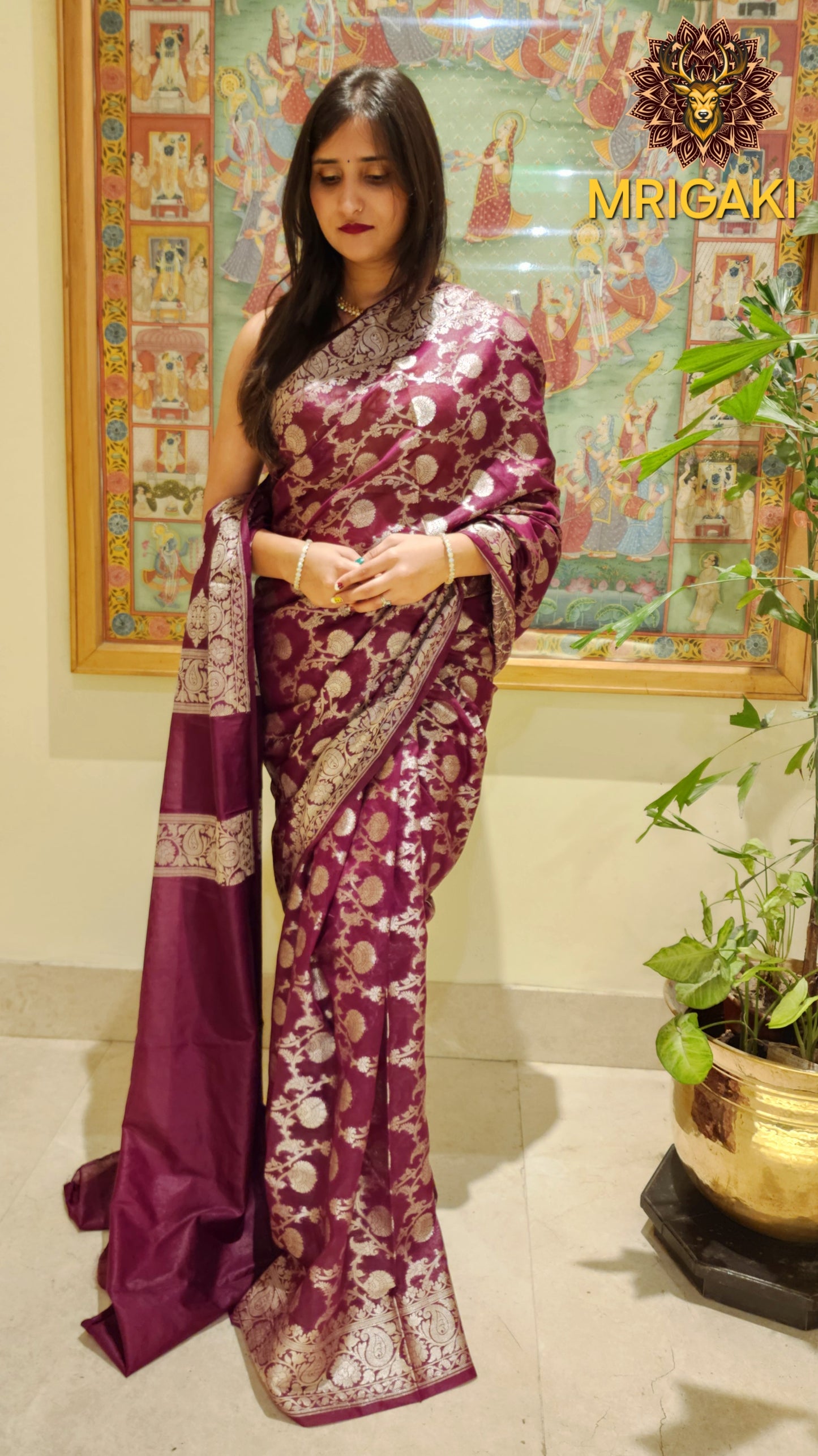 Maroon color Warm Silk Banarasi Saree  with Silver color Mahendi pattern Handwoven Jaal all over & Zari Border & Pallu