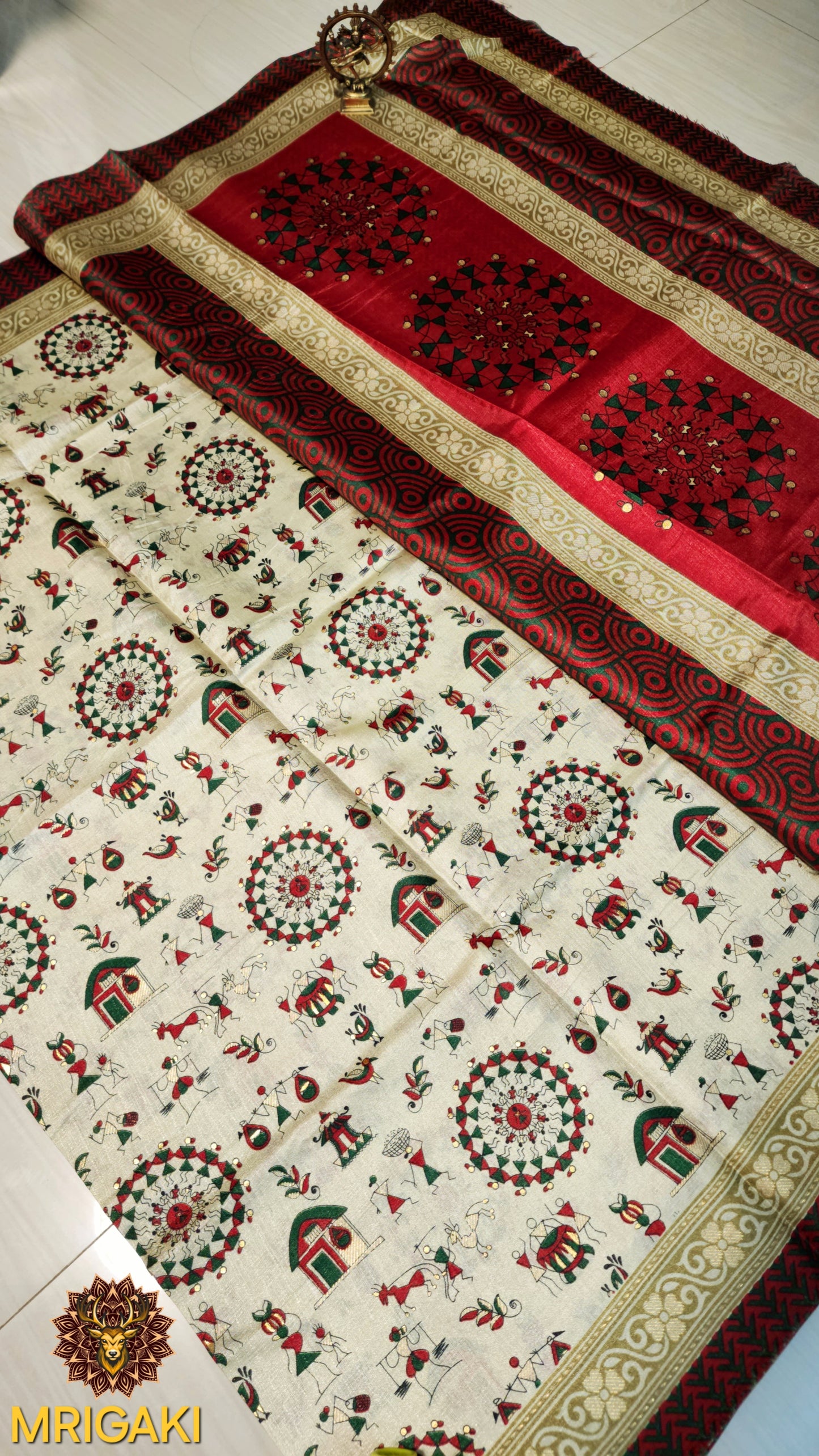 Handloom Warli Art Khadi Bamboo Saree with Golden Charak & contrast Blouse piece