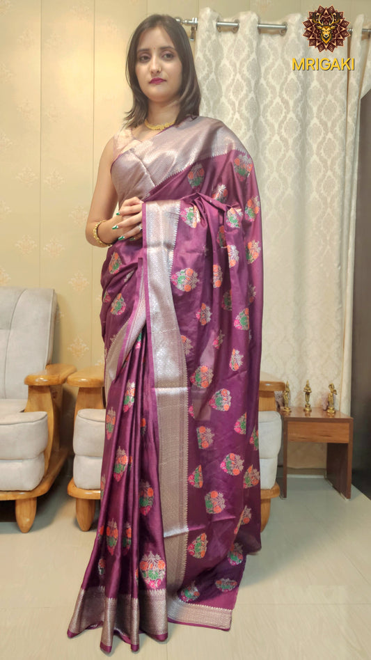 Dark Purple Handwoven Saree with Multi-color Minakari work & Siver Zari Banarasi Border