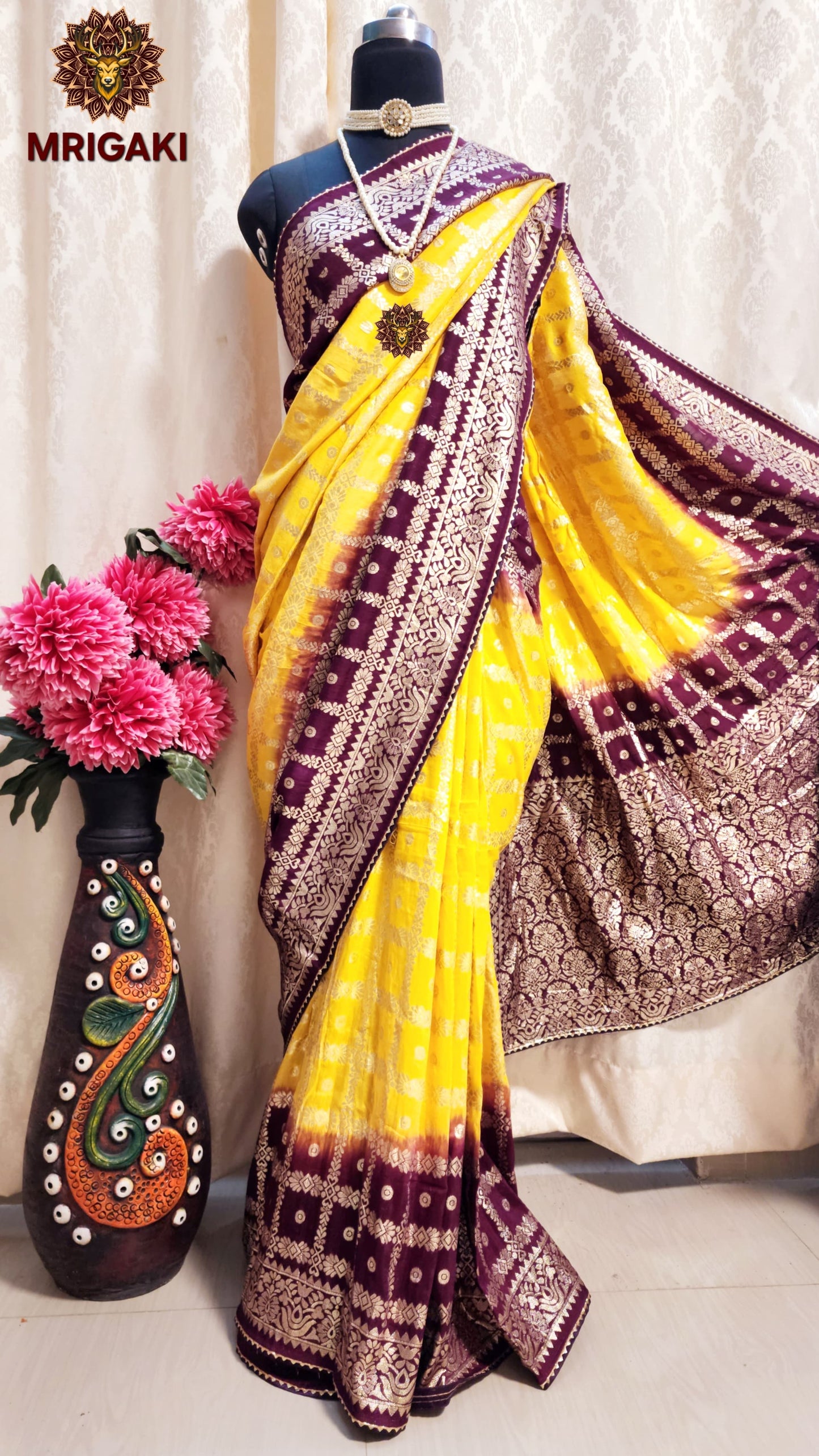 Gorgeous Yellow Maroon Contrast colors Cheques design Dolla silk saree
