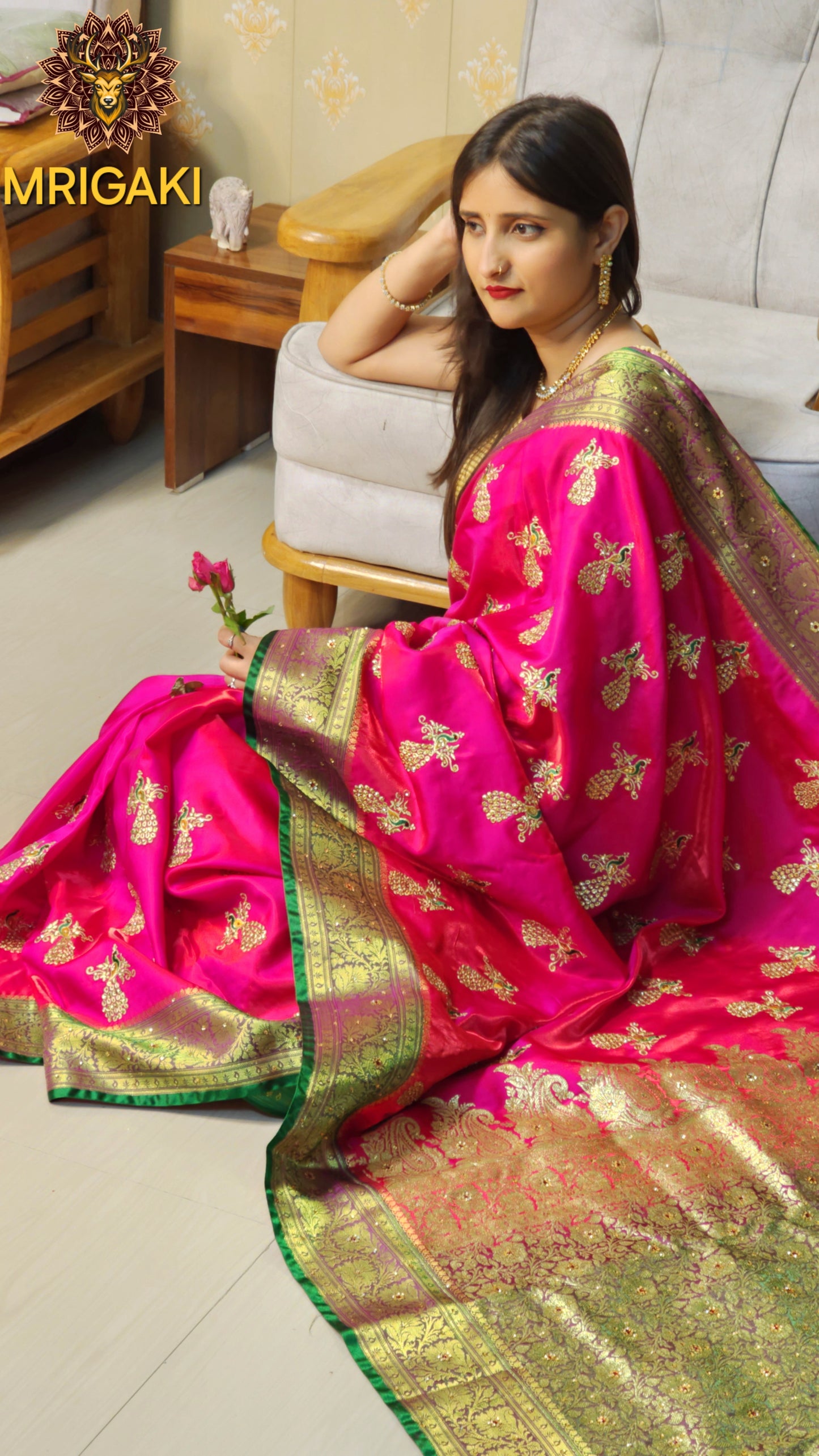 Rani Pink Green Satin Silk Saree with Golden stone designer peacock work all over, Zari border, Brocade Pallu