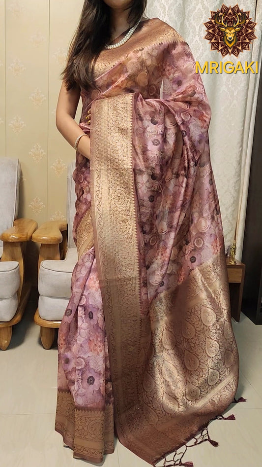 Pure Organza Silk Saree with Floral pattern all over, Zari border & Heavy Zari Pallu