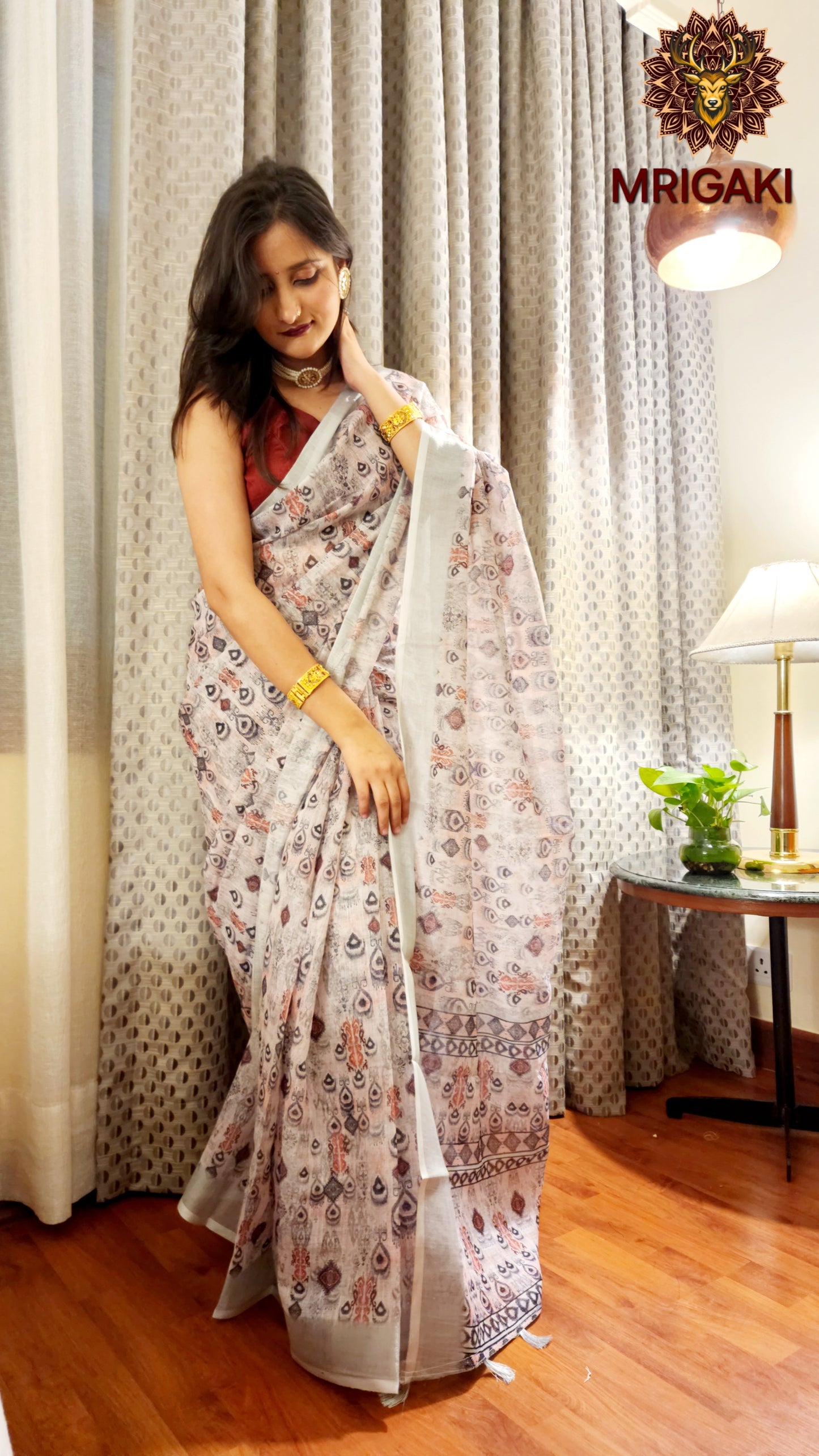 Light Grey Base Linen Saree with digital print all-over, Silver border