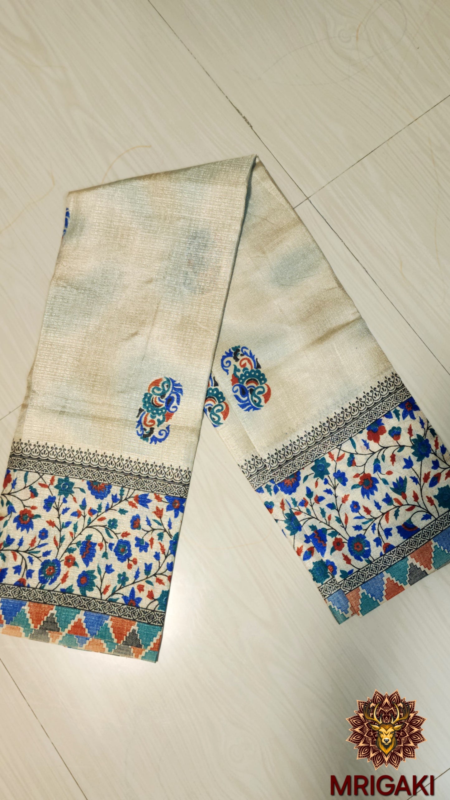 Beige And Turquoise Blue color Khadi Silk Fabric Stole/Dupatta with Mahendi pattern butti all over & Bagh print border