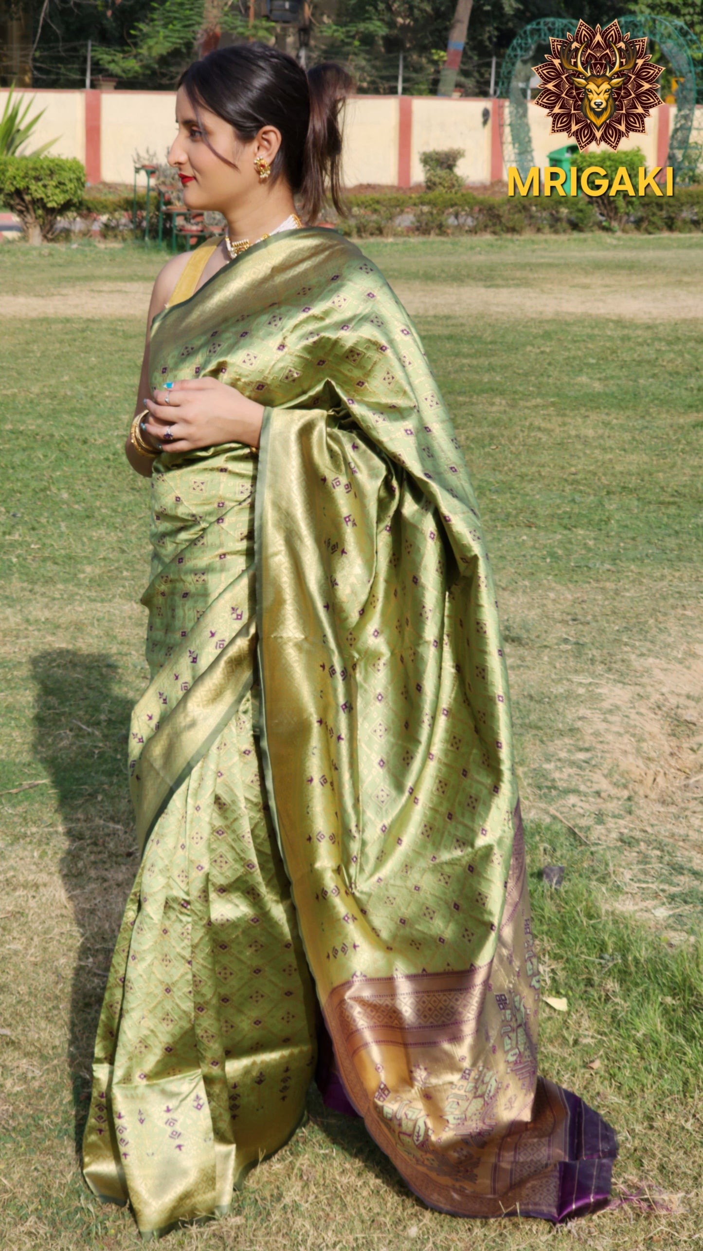 Warm Silk  Saree in Green & Dark Purple contrast with geometrical print all over & Patola Print Pallu