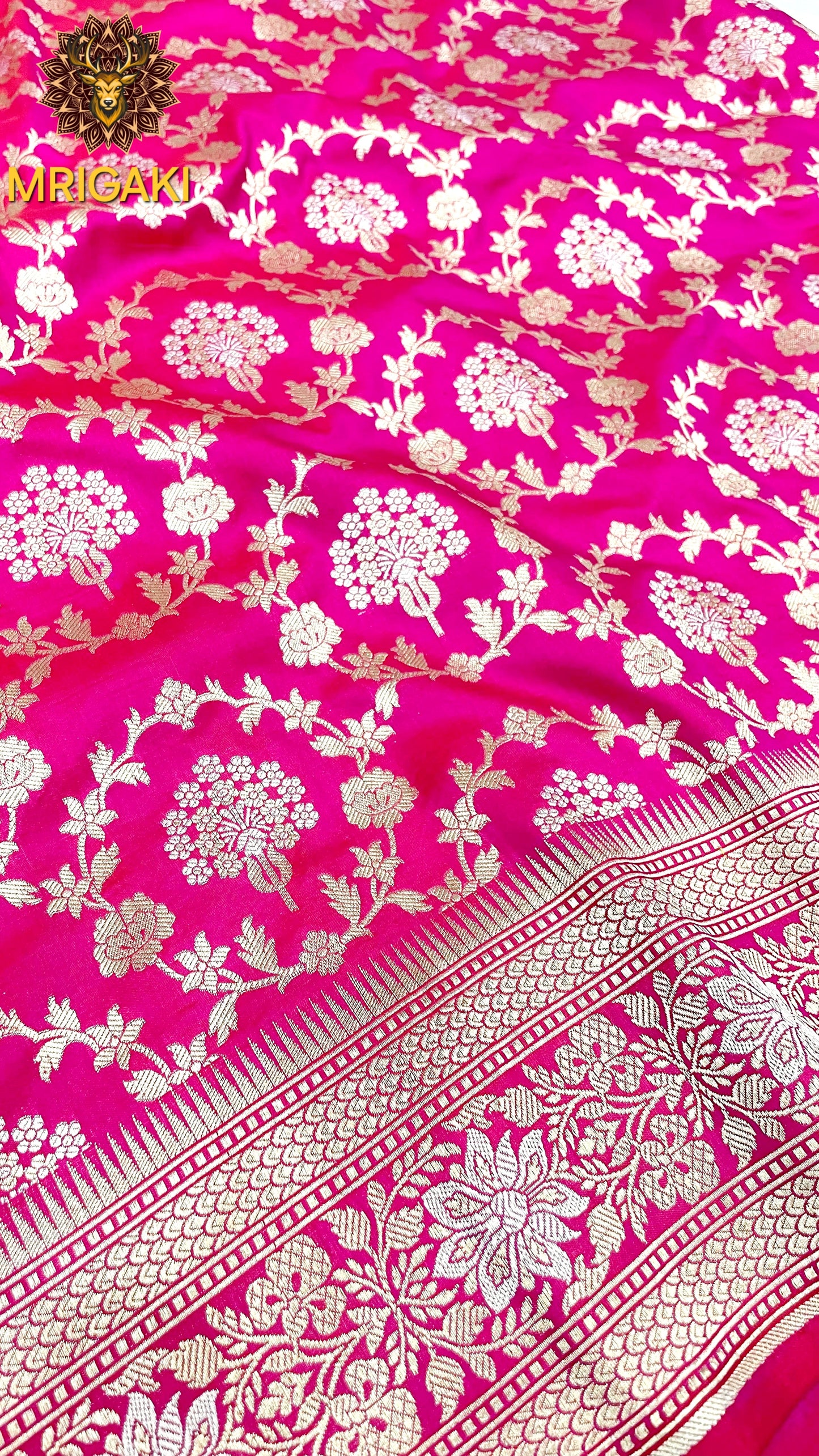 (Only on Pre-Order) Pure Katan Silk Handloom Sona Rupa Jangla Banarasi Saree in Rani Pink base color