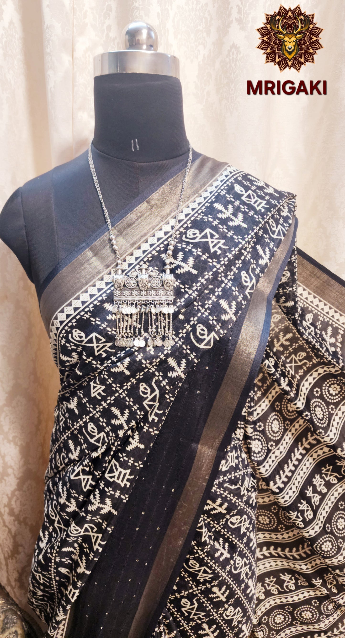 Black & White Chiffon Saree with Warli Painting Digital Print