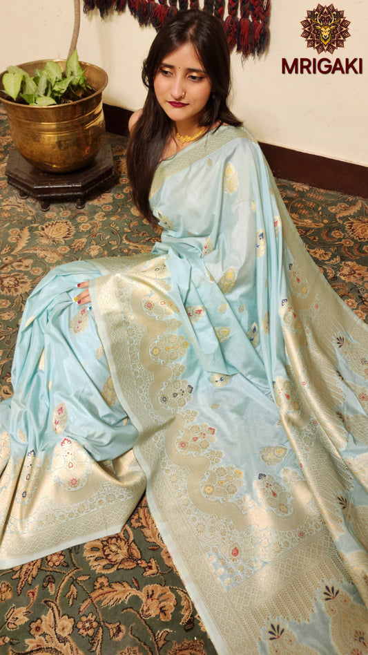 Sky Blue Pure Silk Georgette Banarasi Saree with Handwoven Multi-color Minakaari work