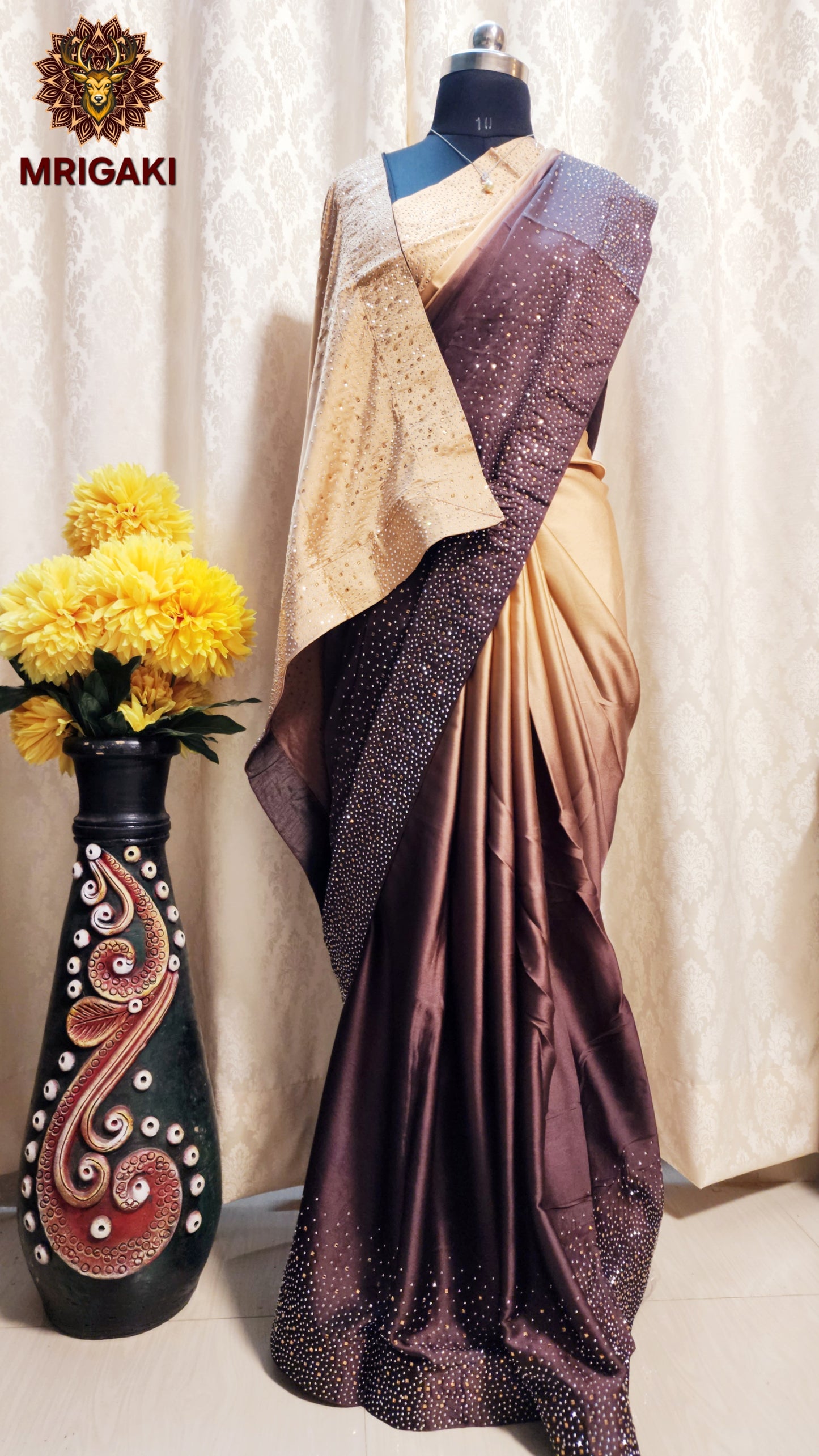 Japan Satin Silk Double Shaded Golden Brown Elegant Saree with Silver & Golden Stone work on borders