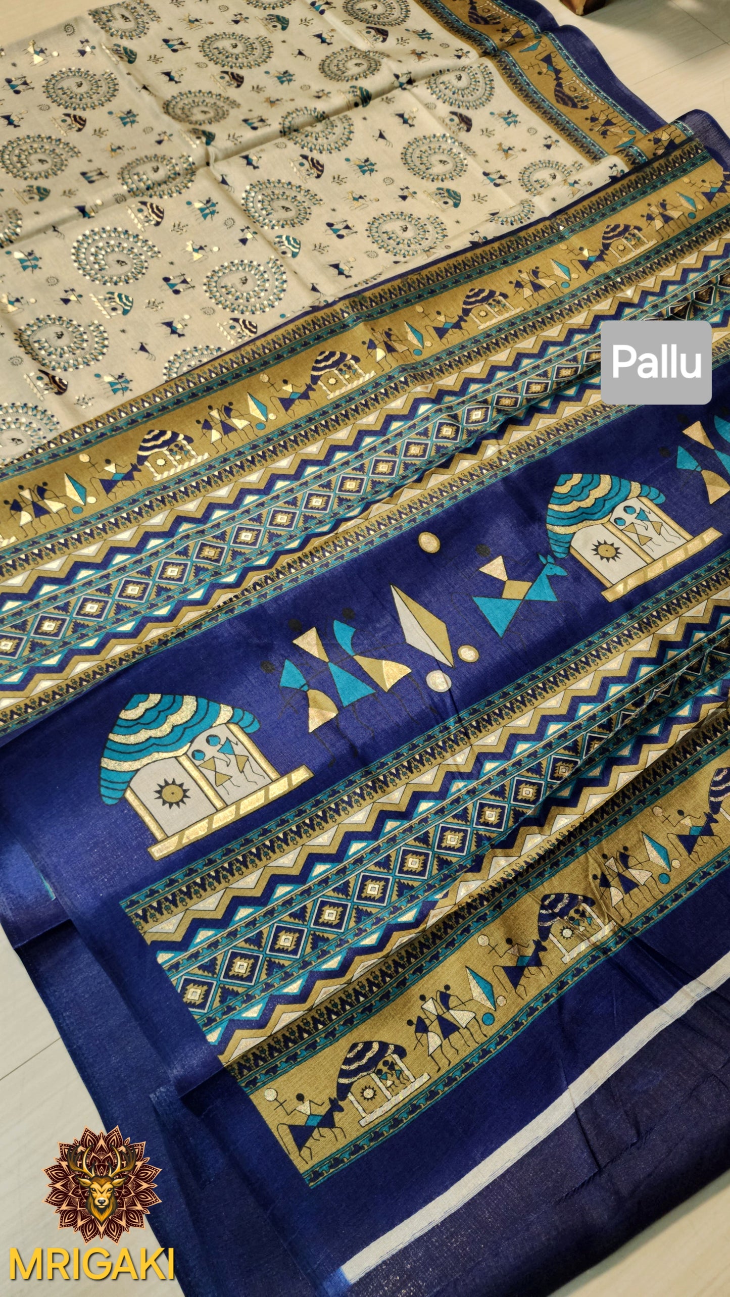 Multicolor Handloom Warli Art Khadi Bamboo Saree with Golden Charak & contrast Blouse piece