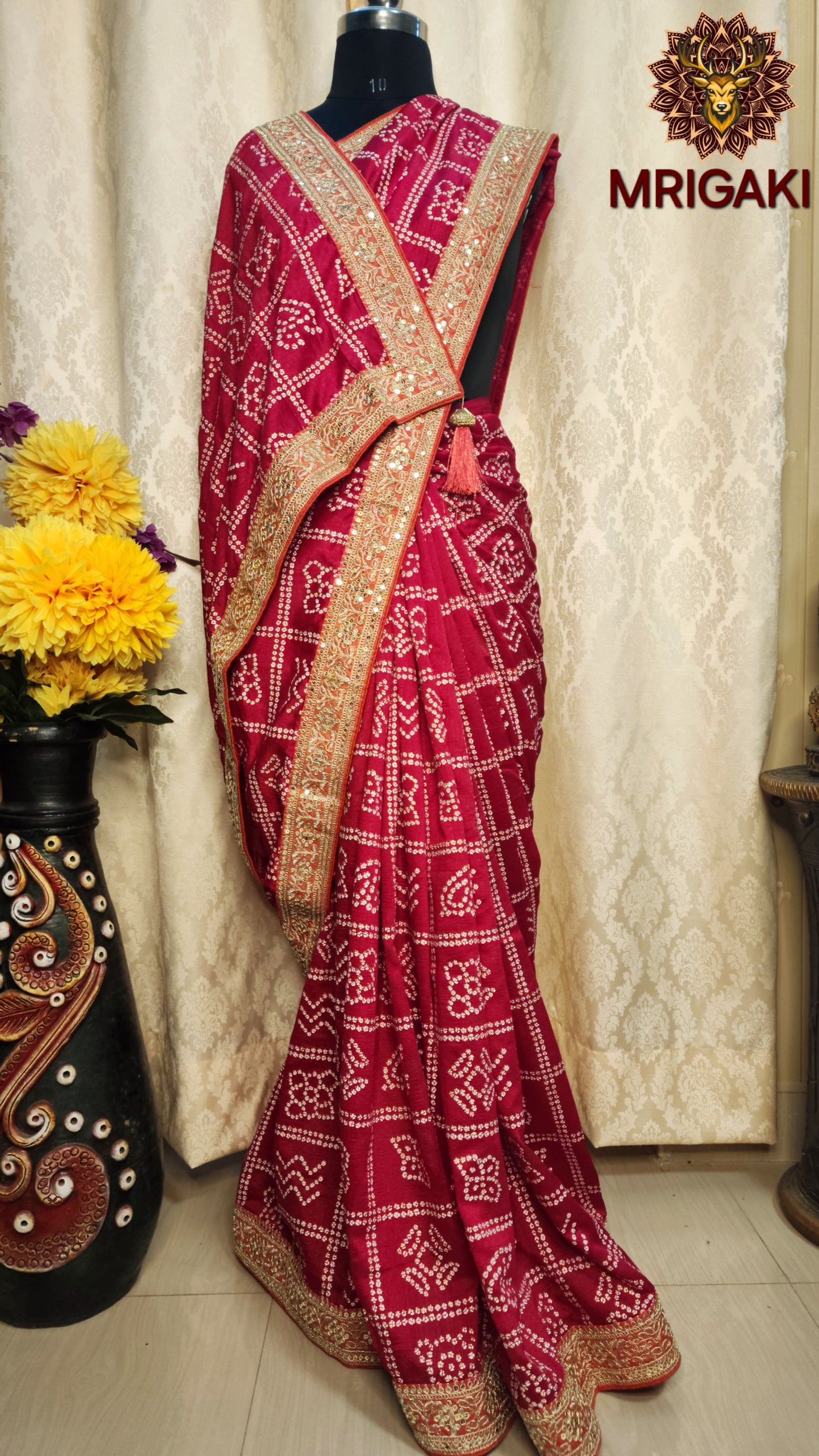 Pink color Bandhej Saree with gotta border & designer unstitched blouse piece